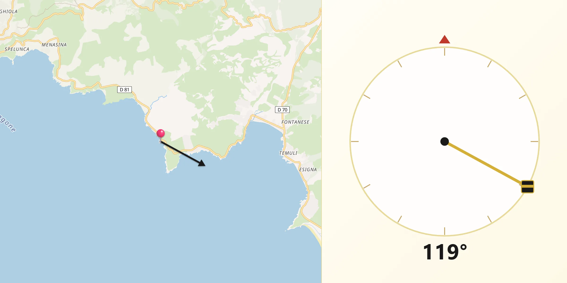 Direction vers la Qibla depuis Coggia