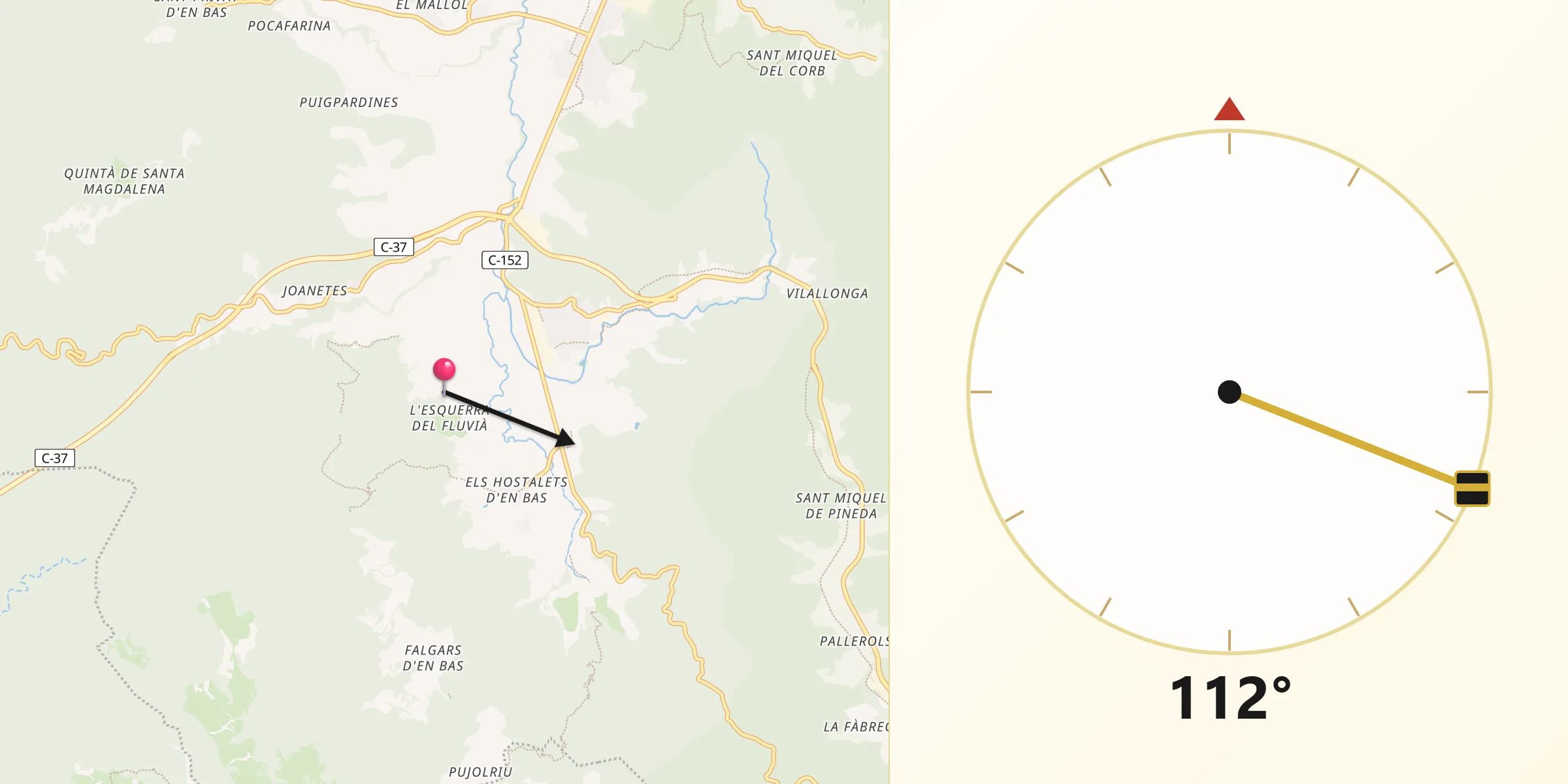 Dirección de la Qibla desde La Vall den Bas