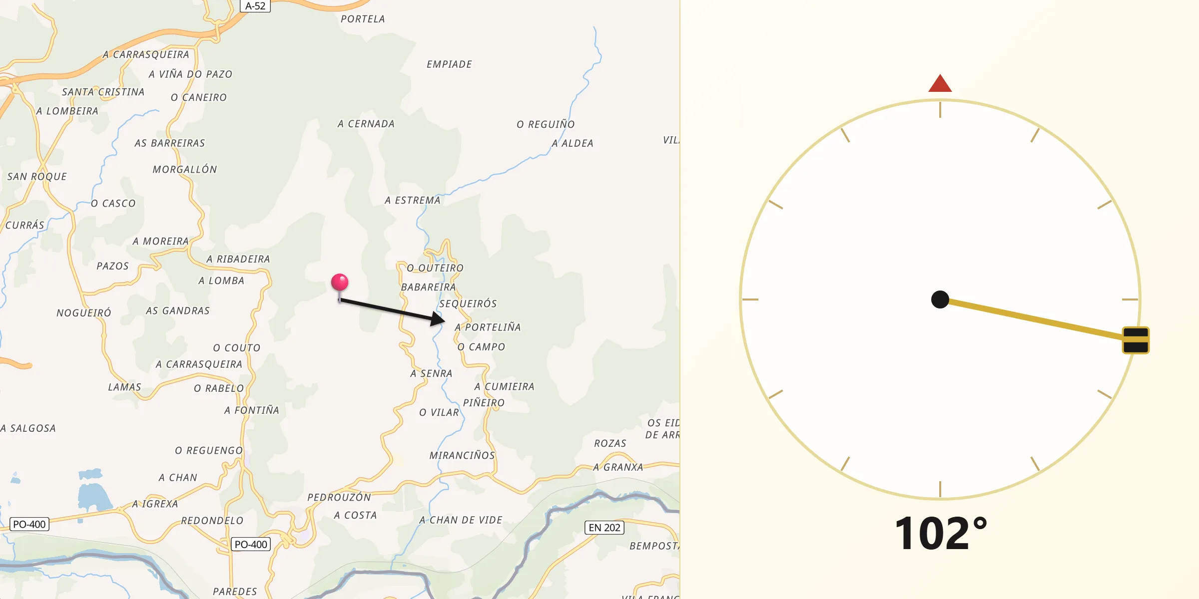 Dirección de la Qibla desde Neves As