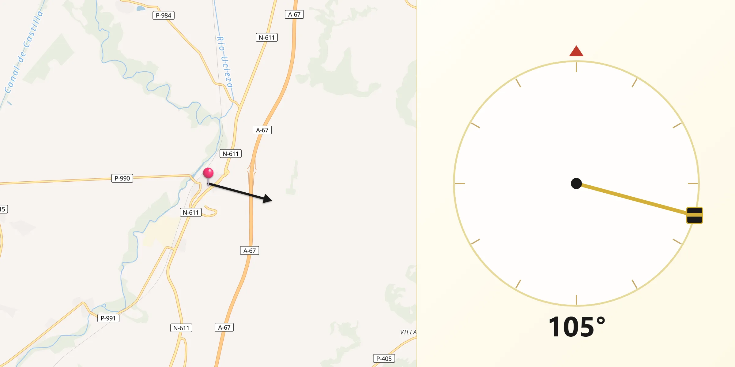 Dirección de la Qibla desde Monzón de Campos