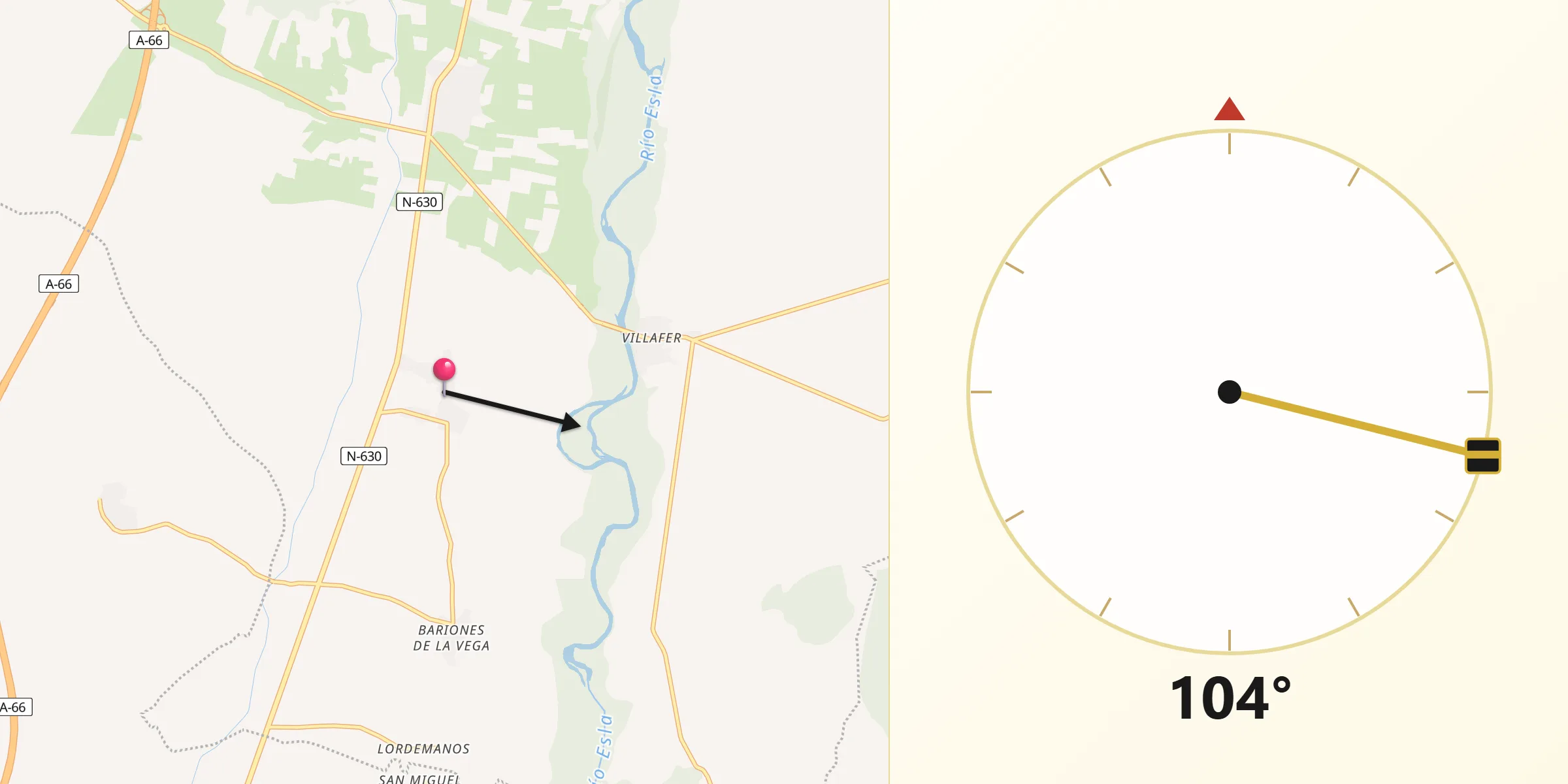 Dirección de la Qibla desde Cimanes de la Vega