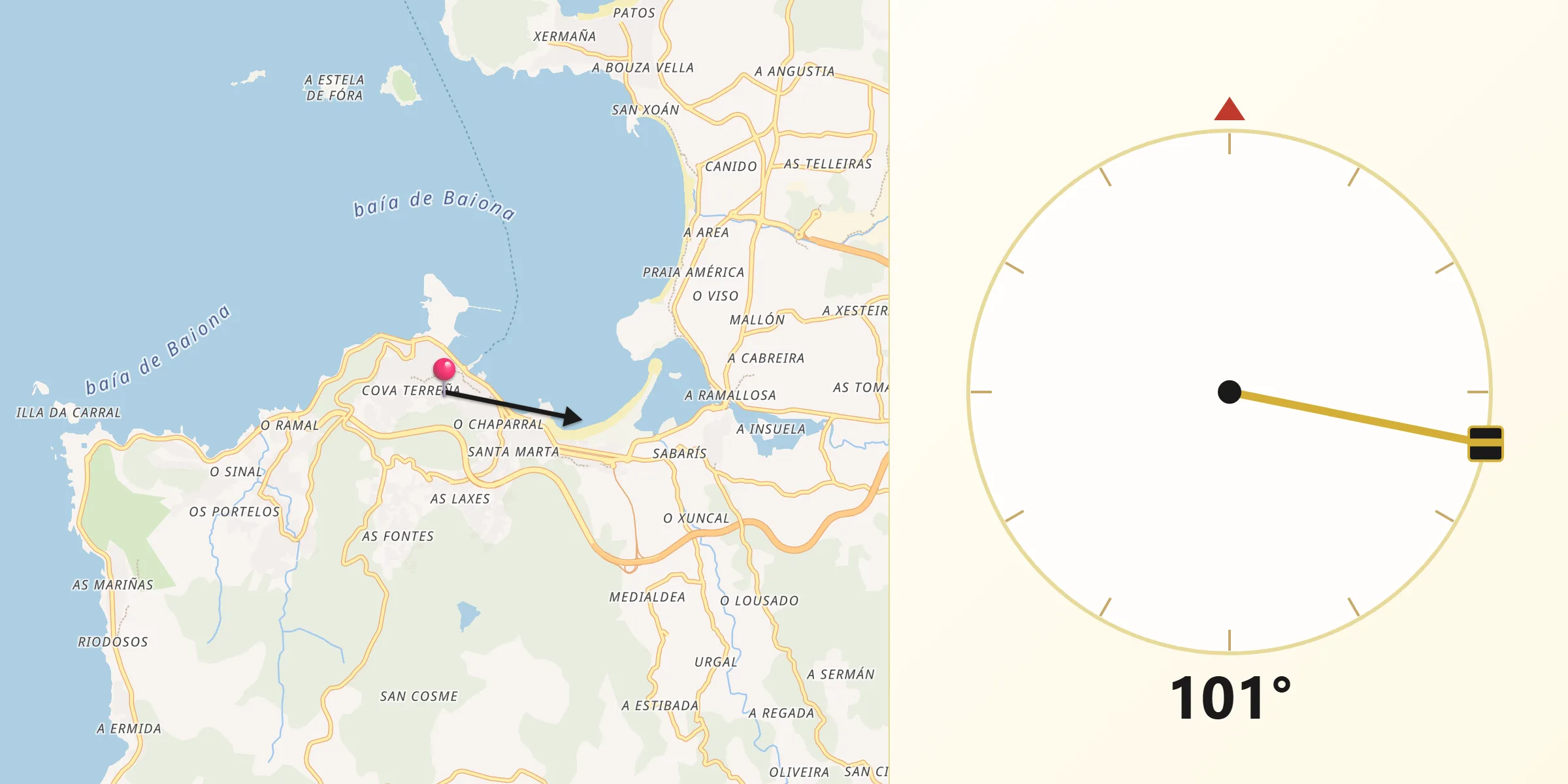 Dirección de la Qibla desde Baiona