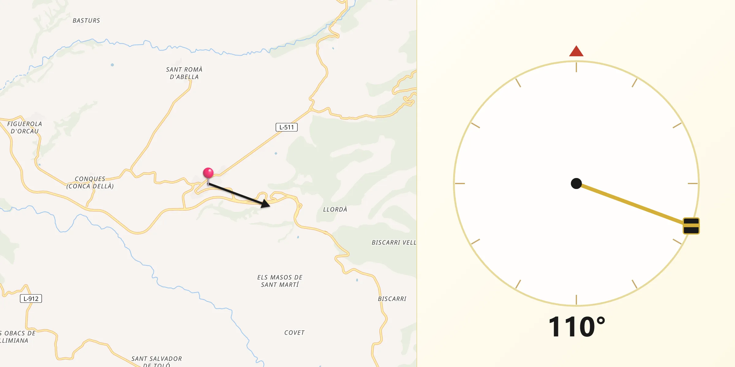 Dirección de la Qibla desde Isona i Conca Dellà