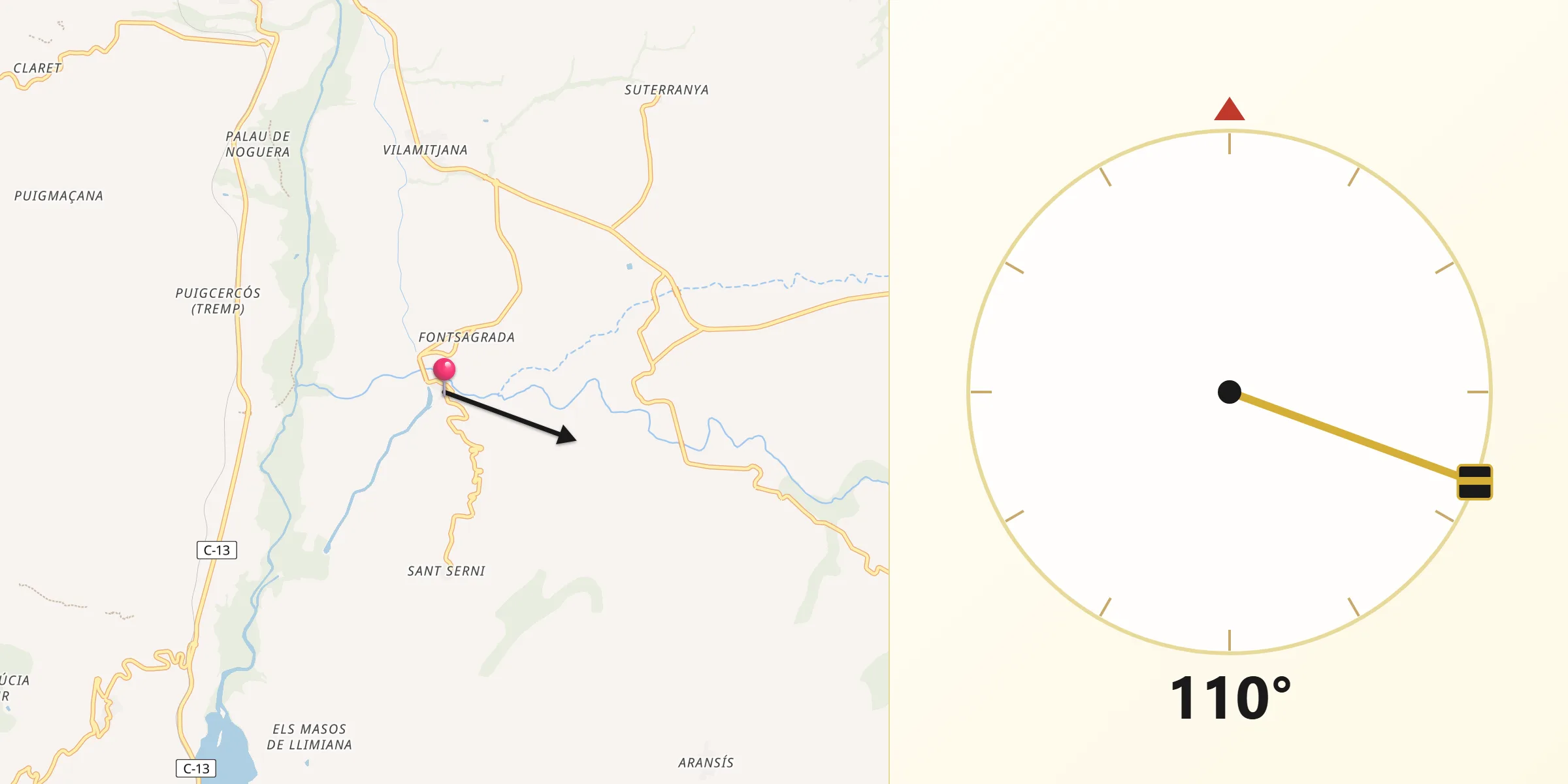 Dirección de la Qibla desde Gavet de la Conca