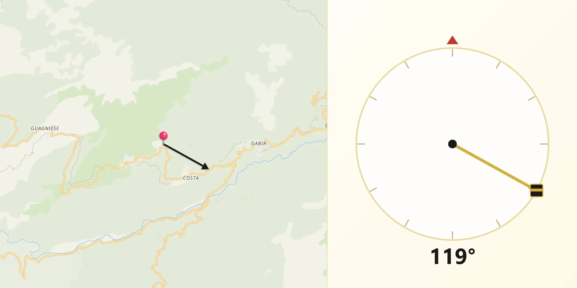 Direction vers la Qibla depuis Rezza