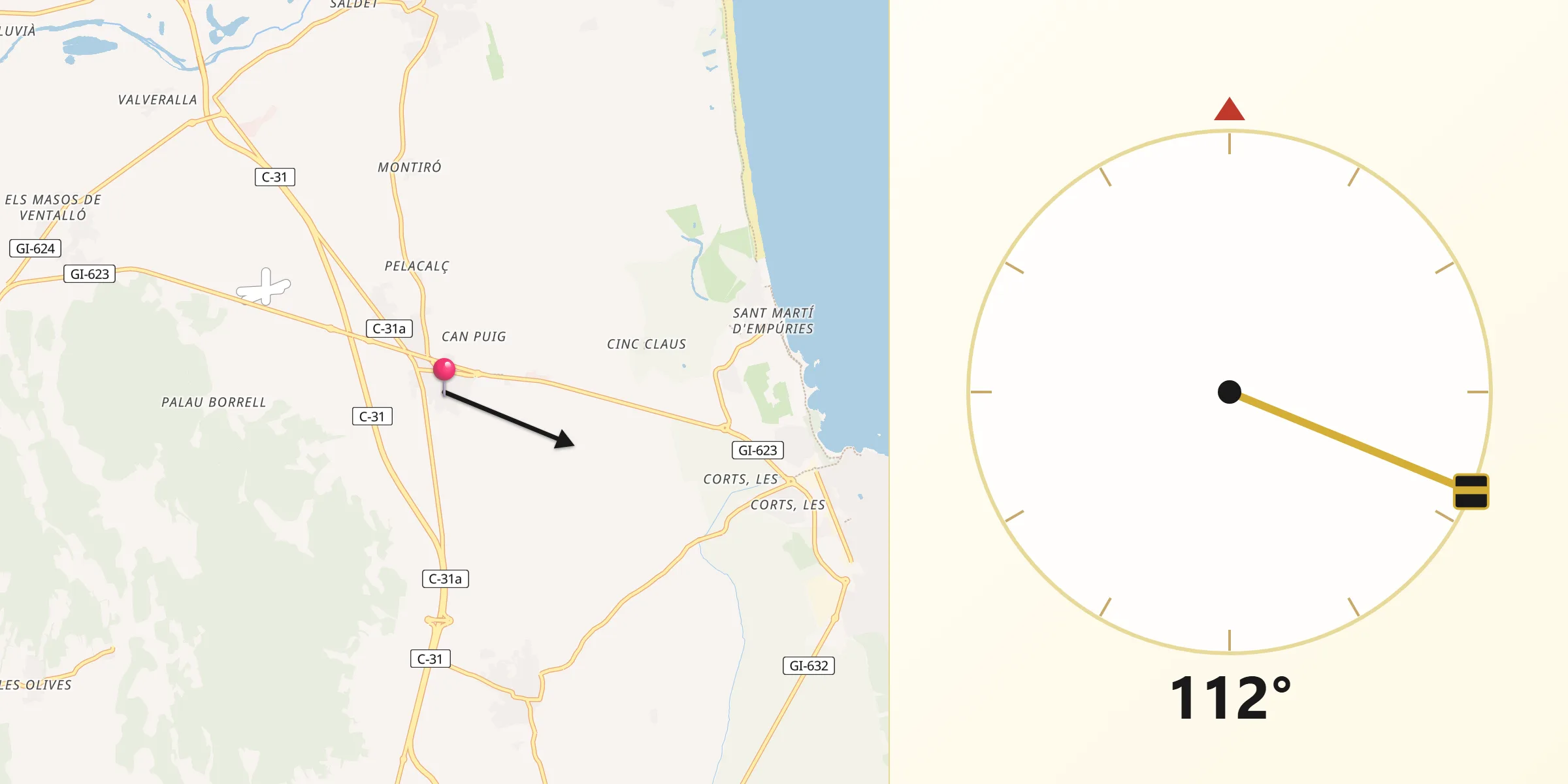 Dirección de la Qibla desde Viladamat