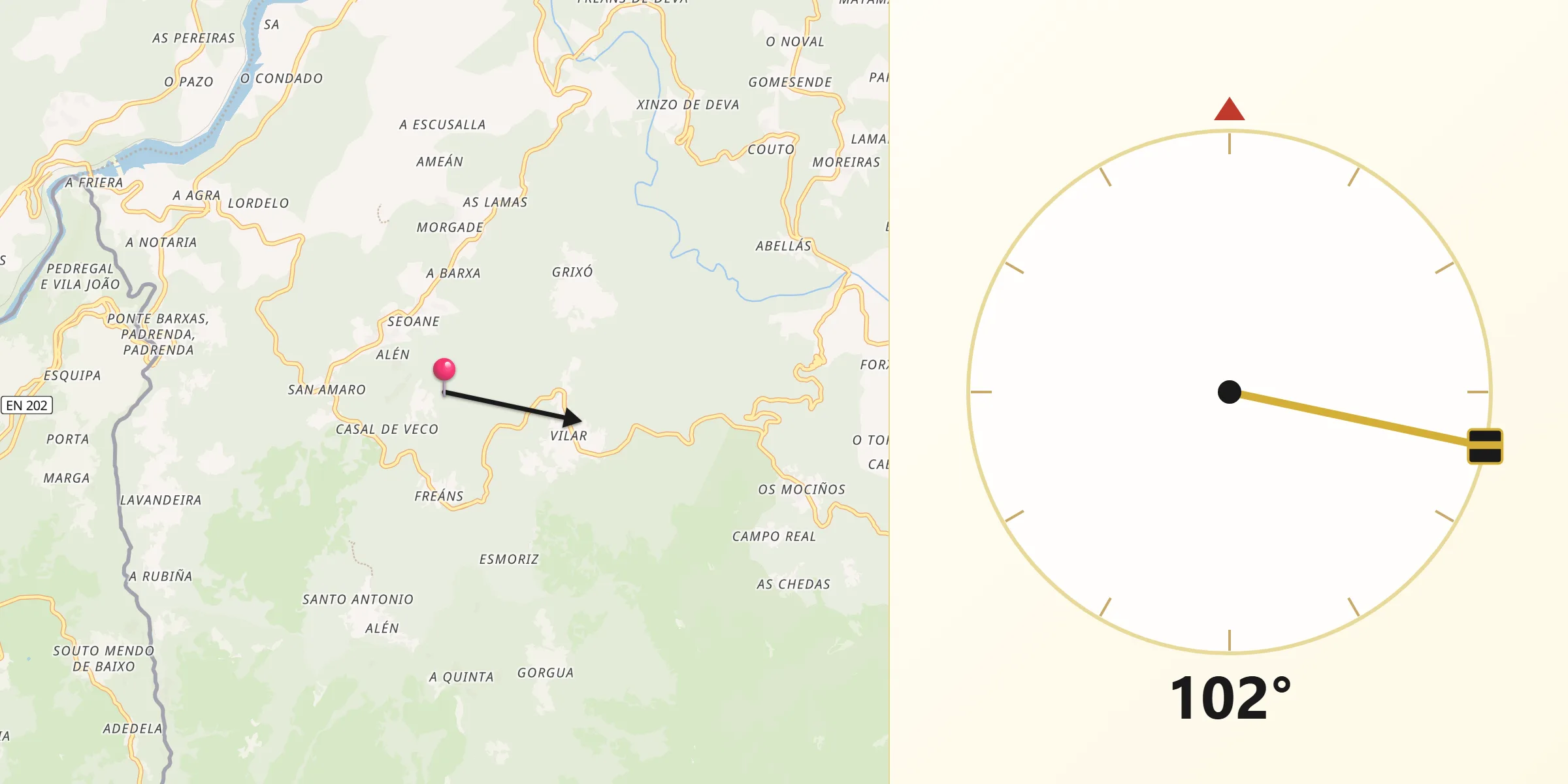 Dirección de la Qibla desde Padrenda