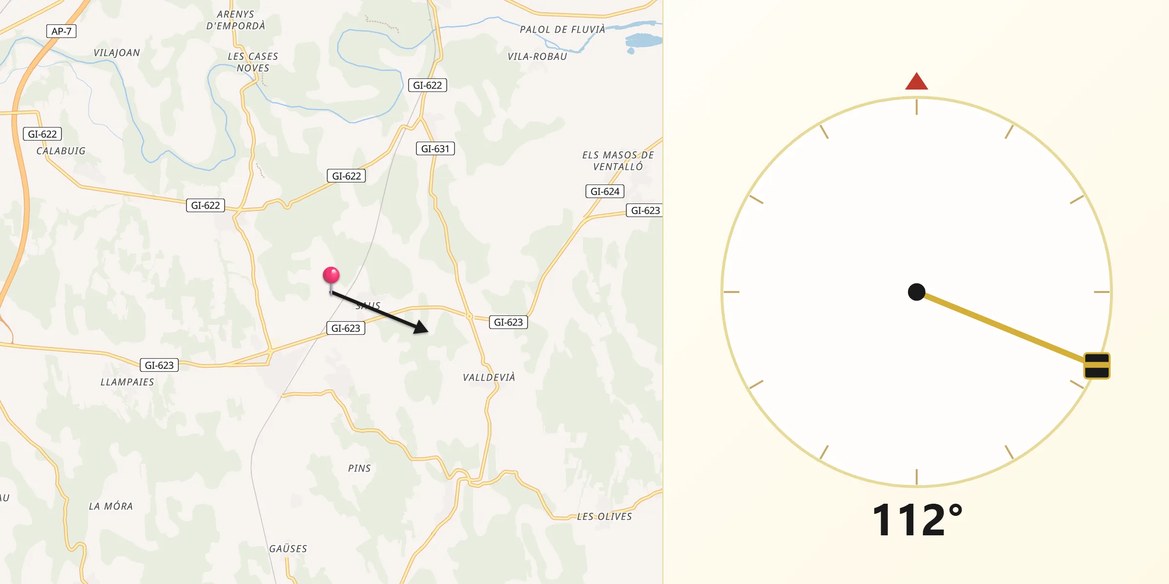 Dirección de la Qibla desde Saus Camallera i Llampaies