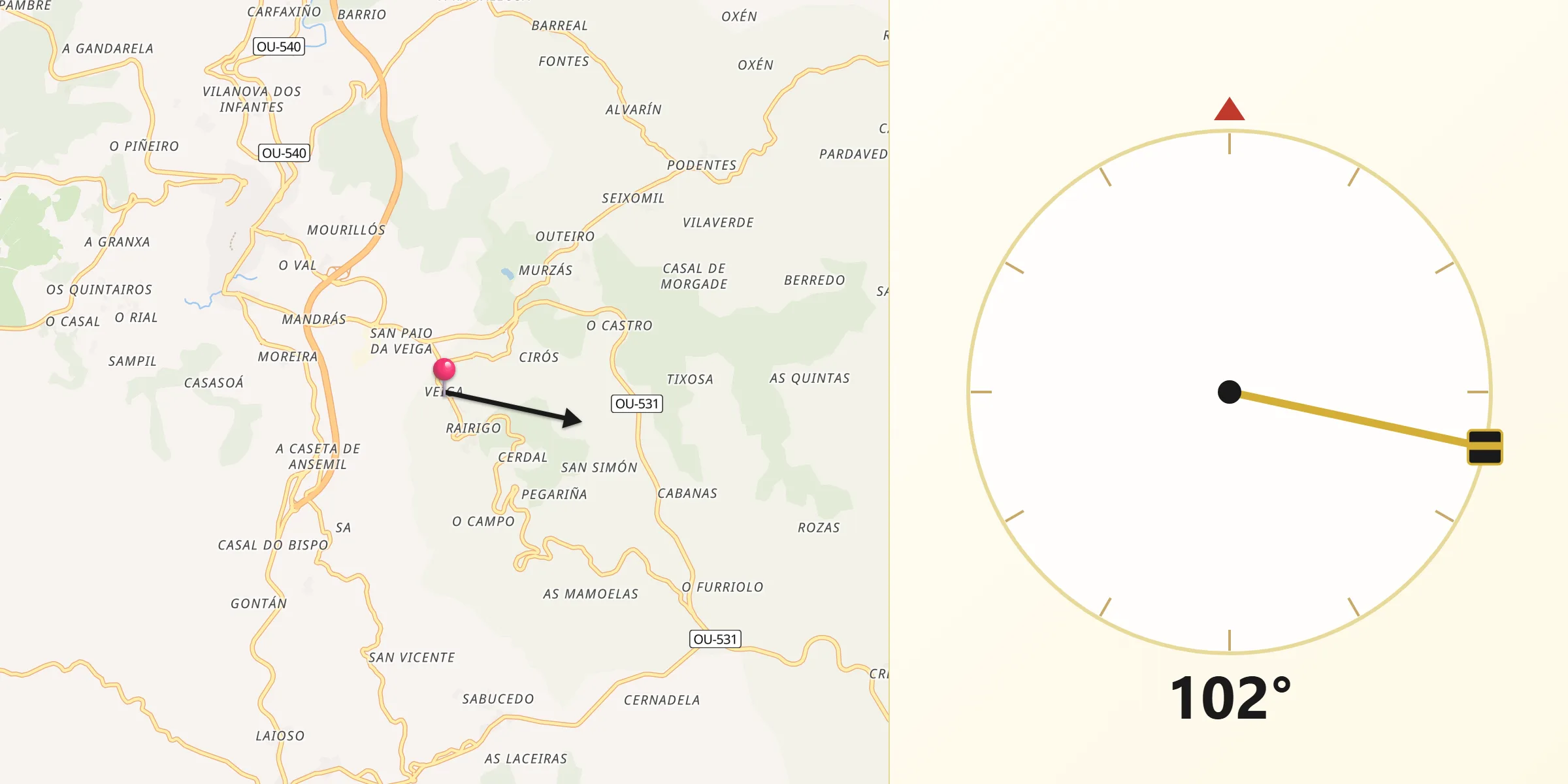 Dirección de la Qibla desde Veiga A