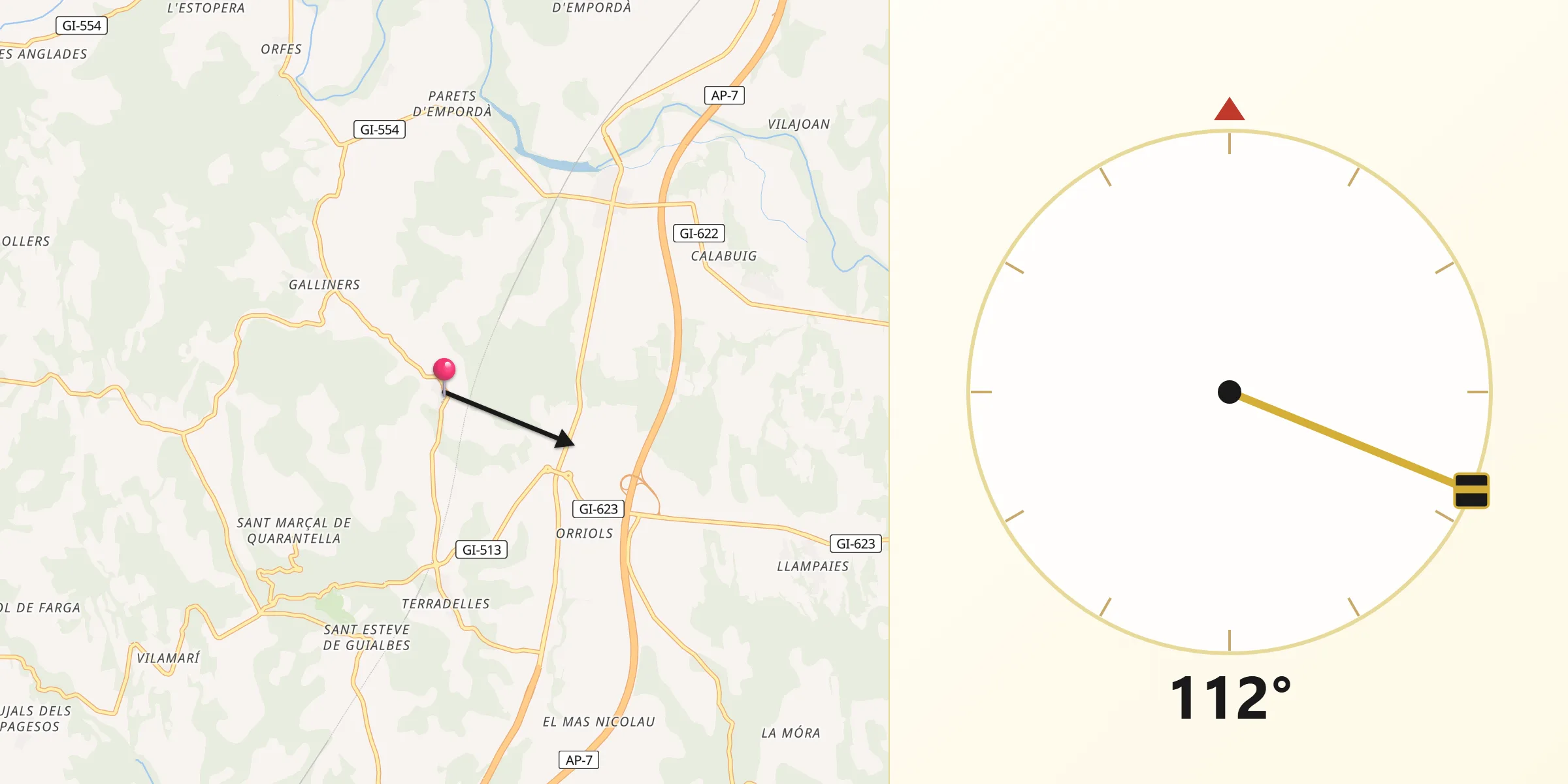 Dirección de la Qibla desde Vilademuls
