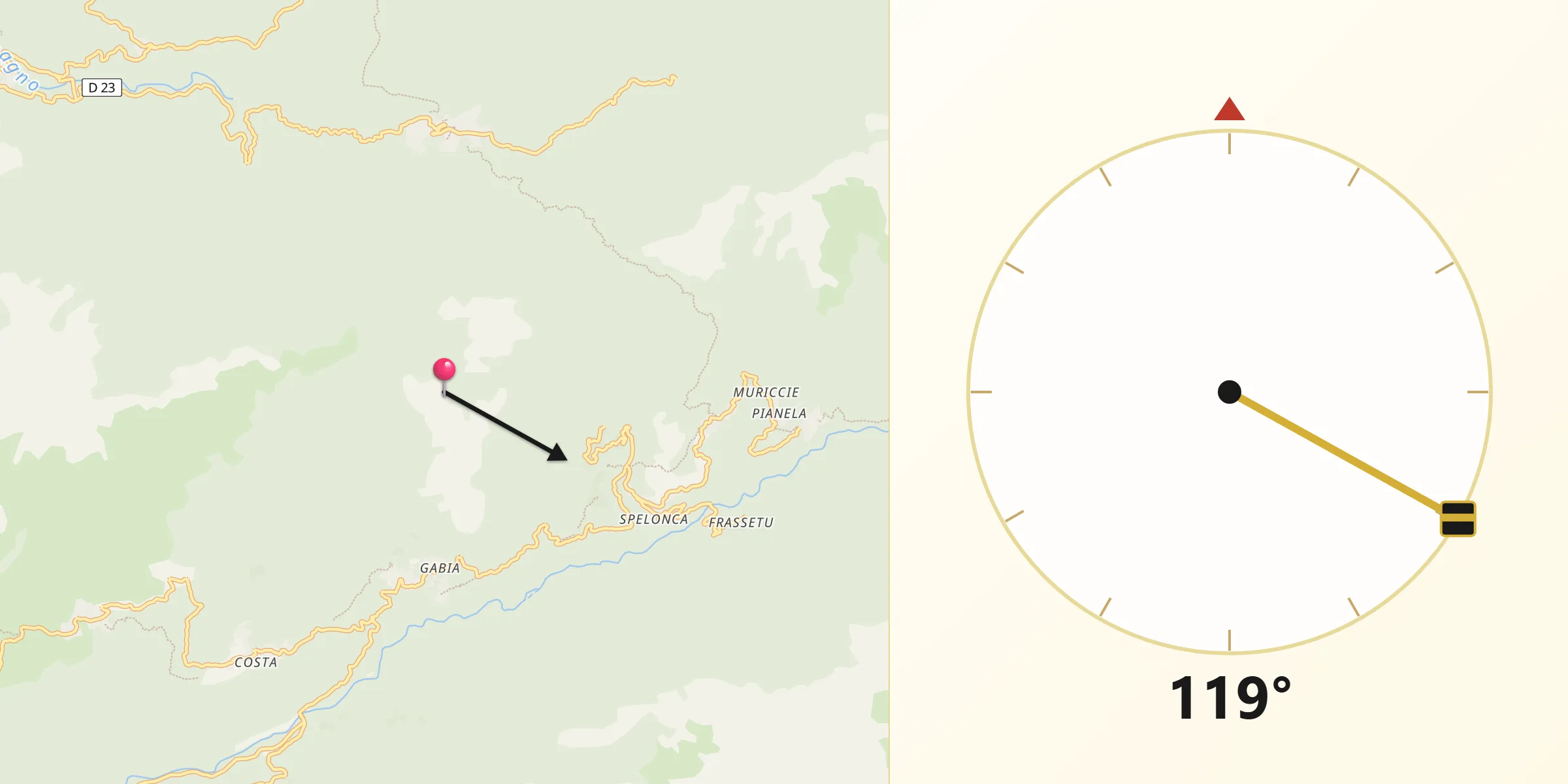 Direction vers la Qibla depuis Vivario