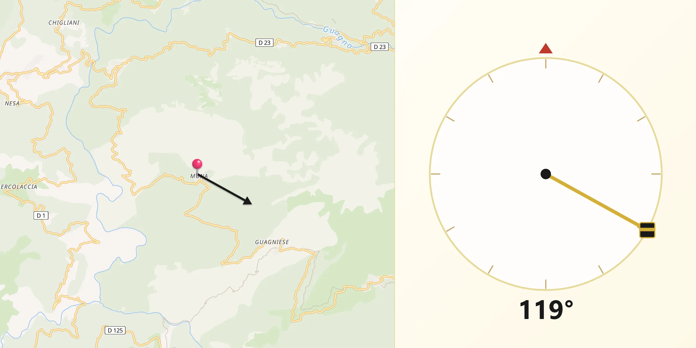 Direction vers la Qibla depuis Pastricciola