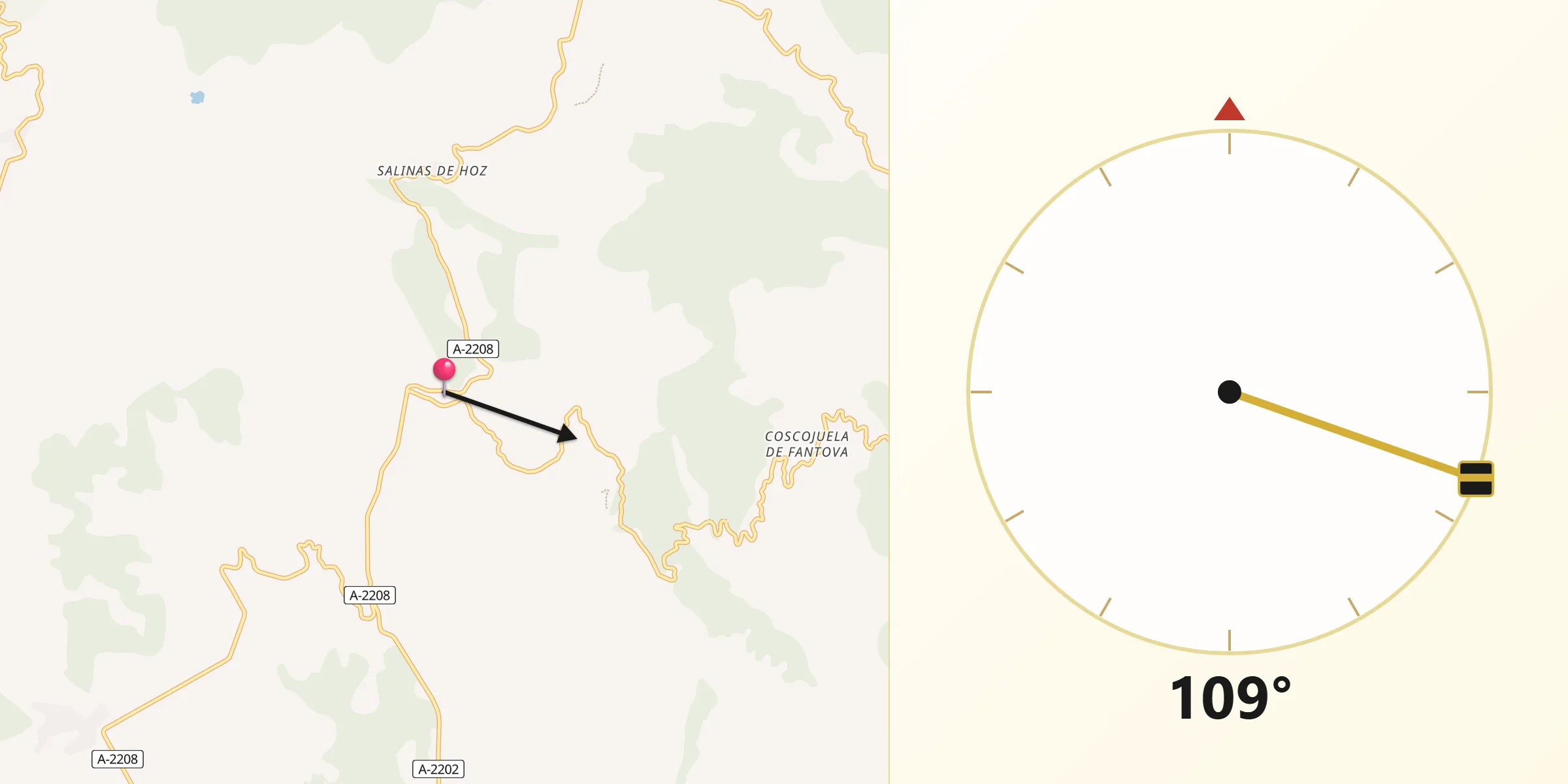 Dirección de la Qibla desde Hoz y Costean