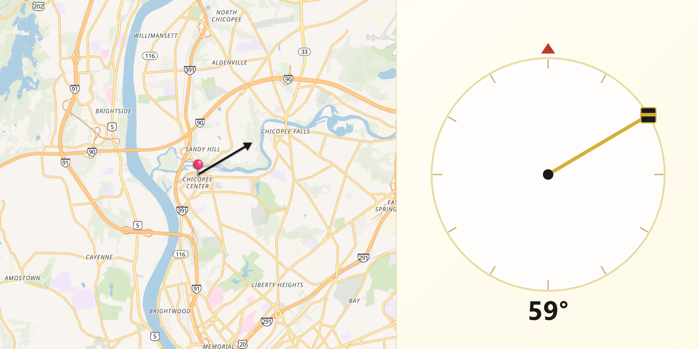 Qibla Direction from Chicopee