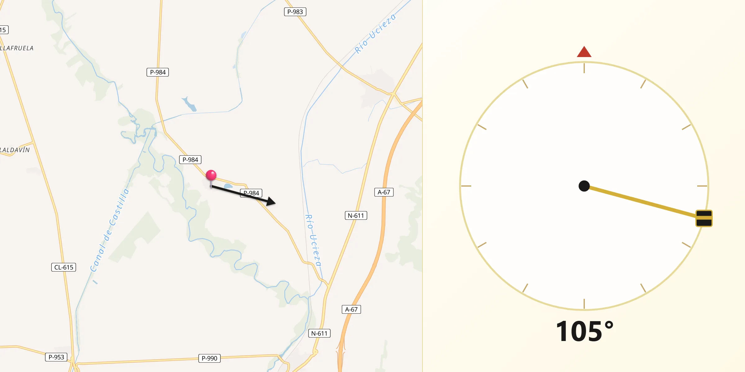 Dirección de la Qibla desde Ribas de Campos