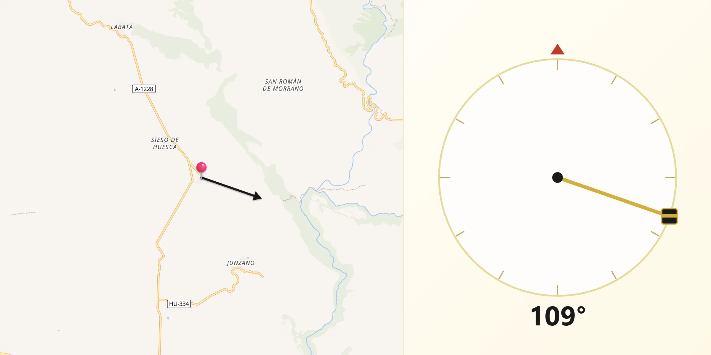 Dirección de la Qibla desde Casbas de Huesca