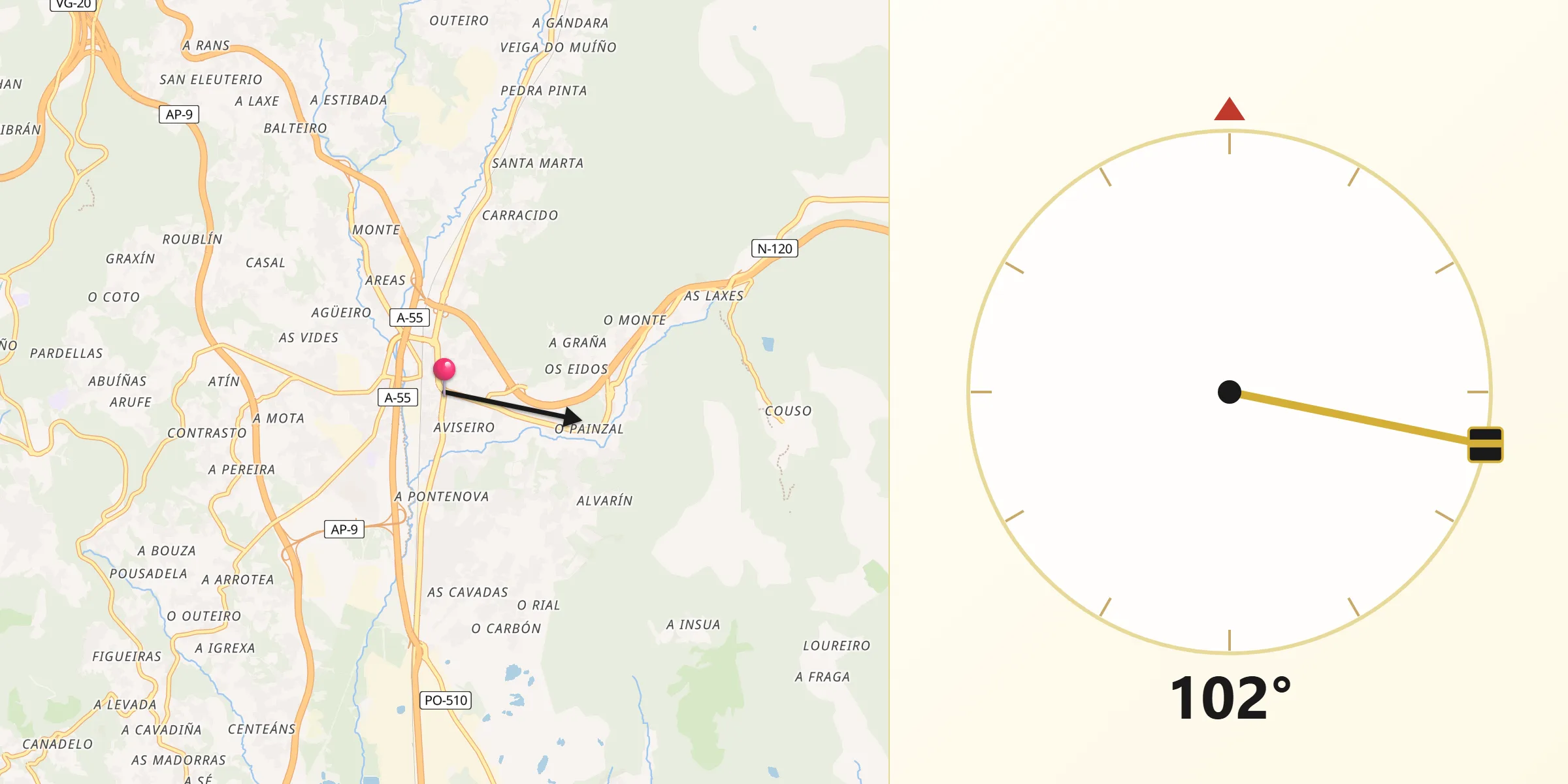 Dirección de la Qibla desde Porriño O