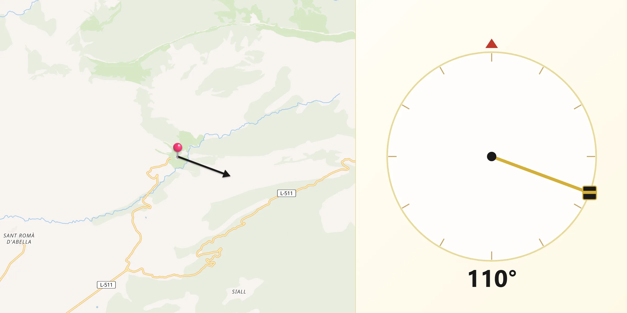 Dirección de la Qibla desde Abella de la Conca