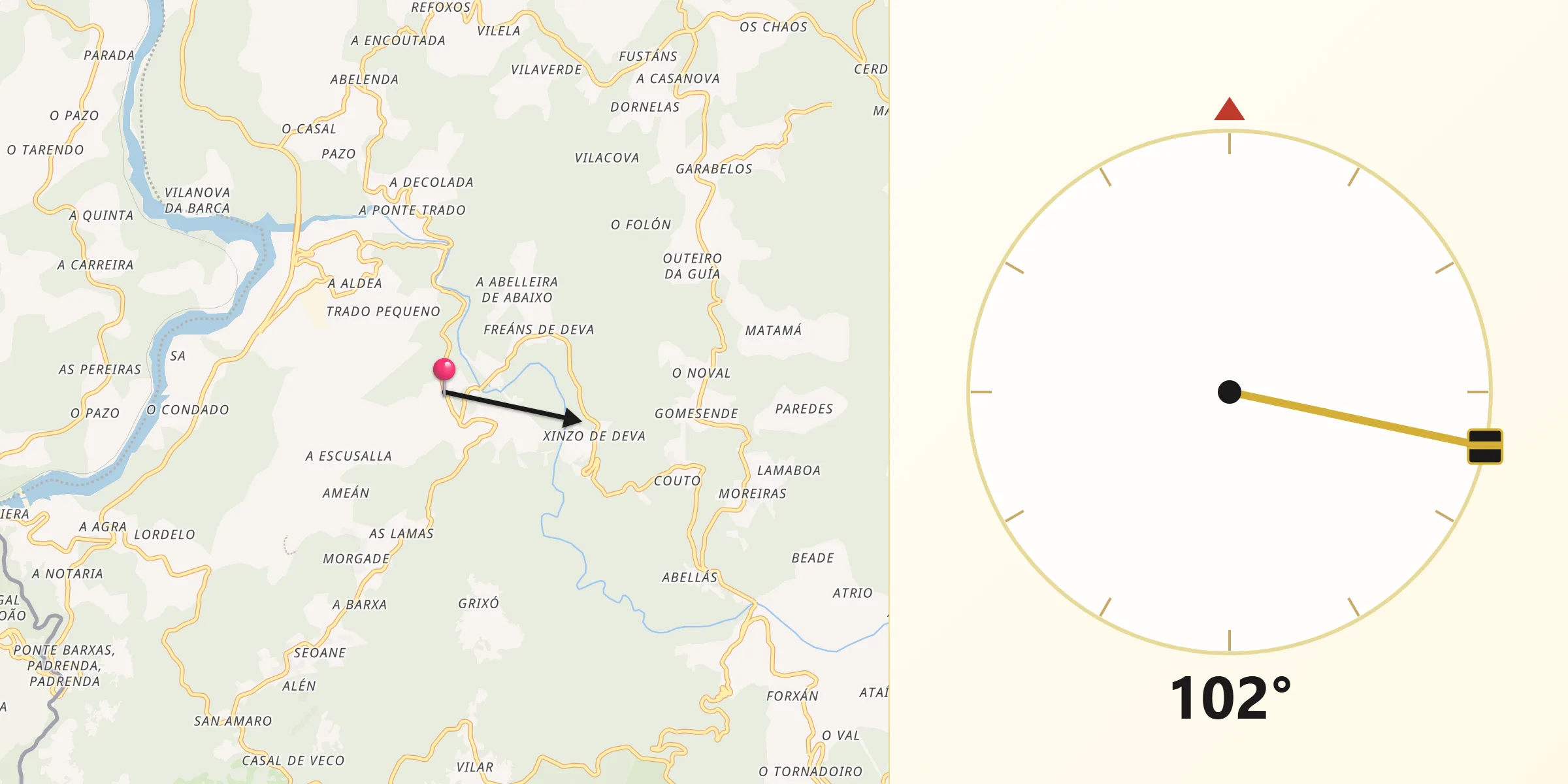 Dirección de la Qibla desde Pontedeva