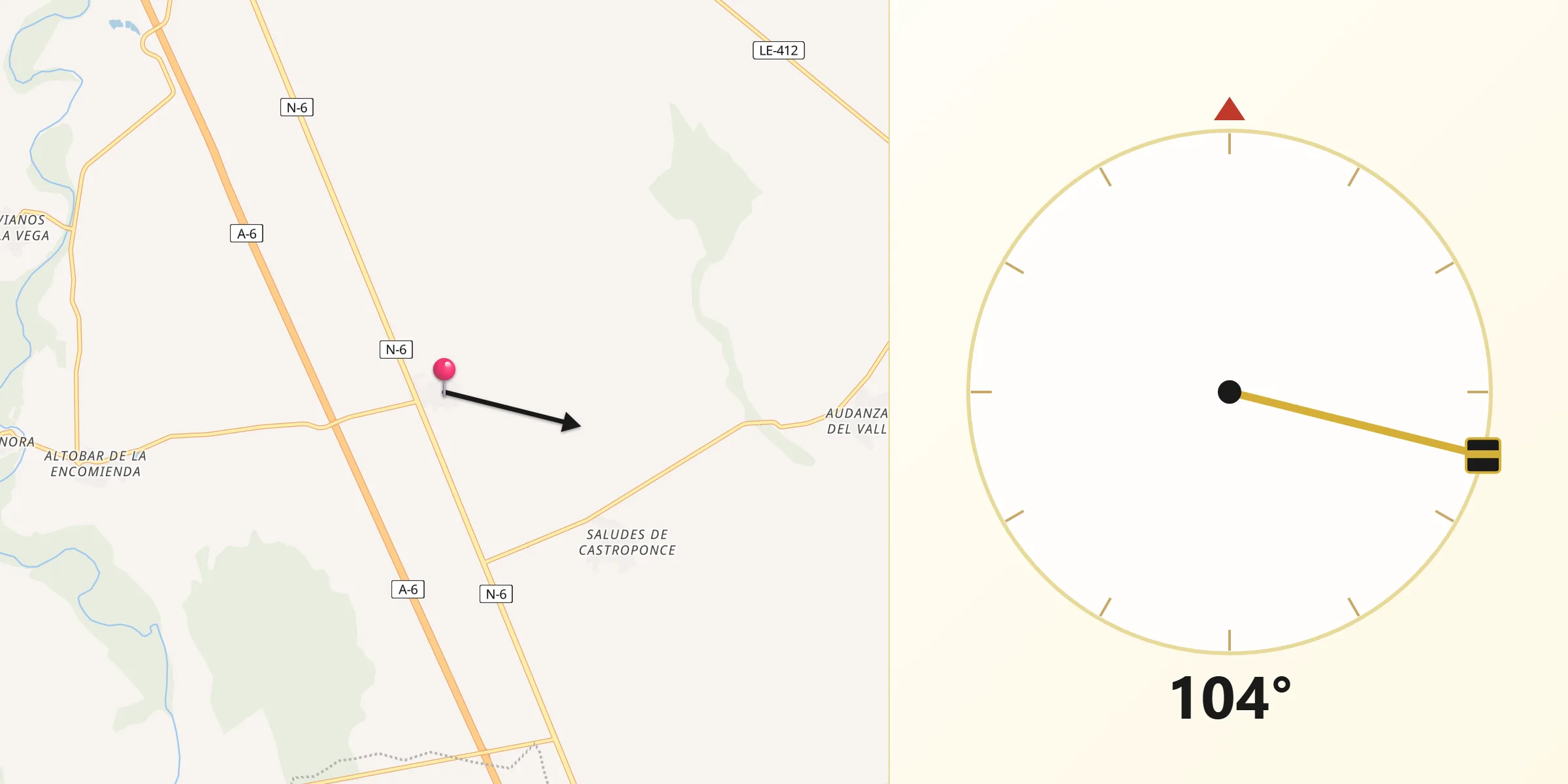 Dirección de la Qibla desde Pozuelo del Páramo