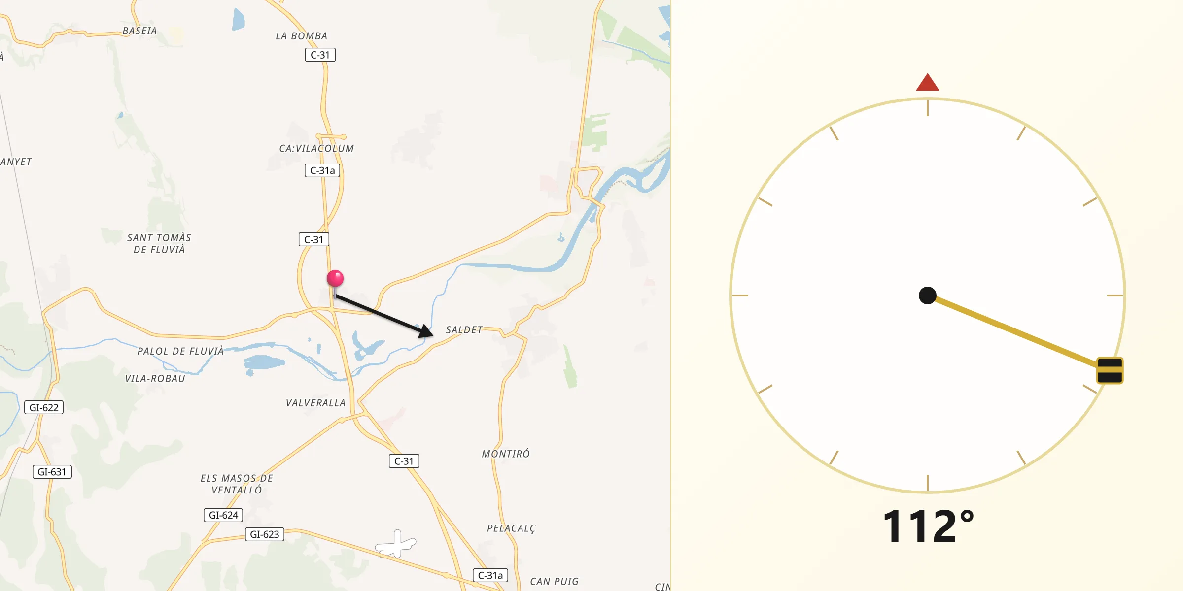 Dirección de la Qibla desde Torroella de Fluvià
