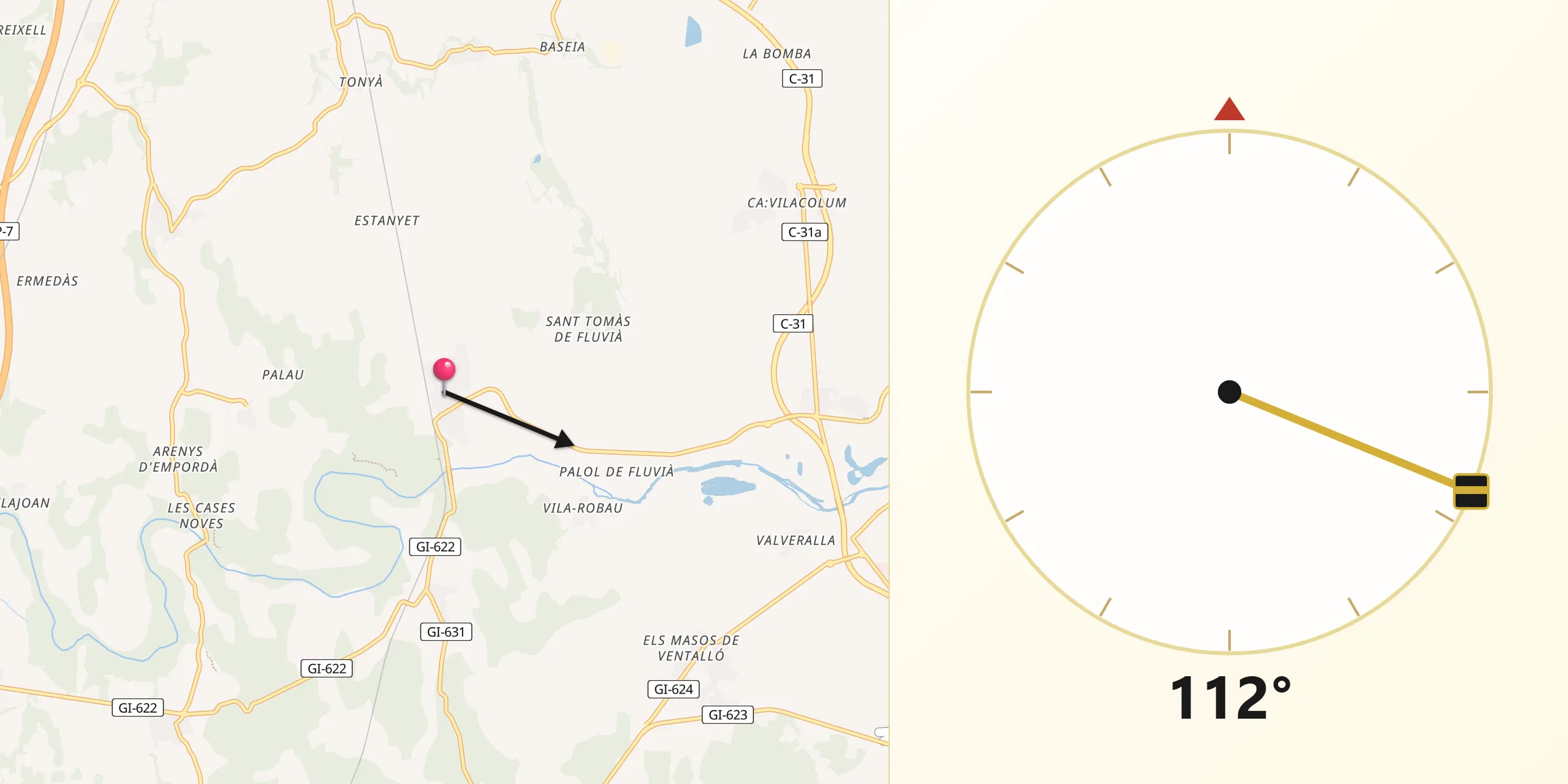 Dirección de la Qibla desde Sant Miquel de Fluvià