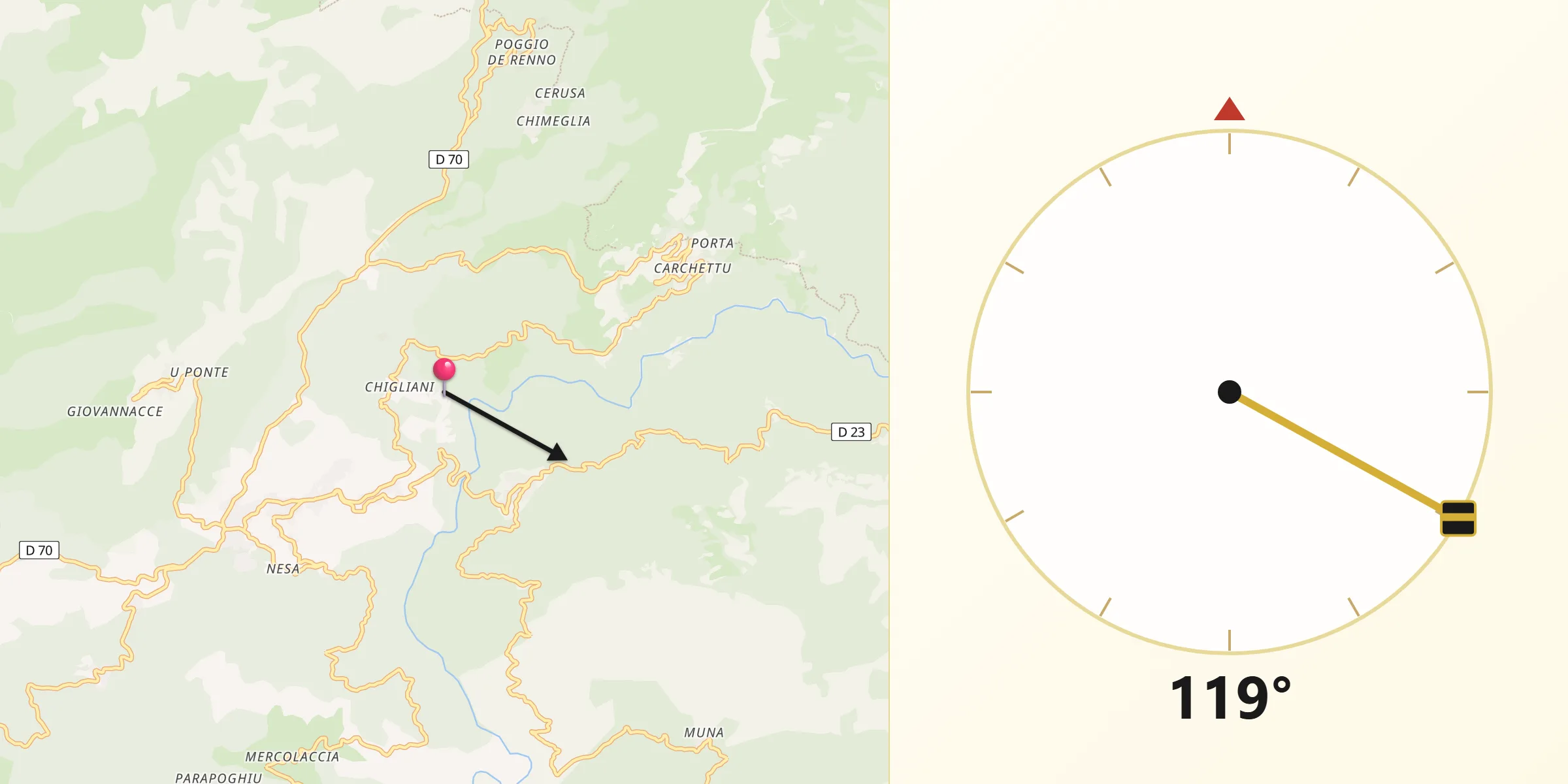Direction vers la Qibla depuis Guagno