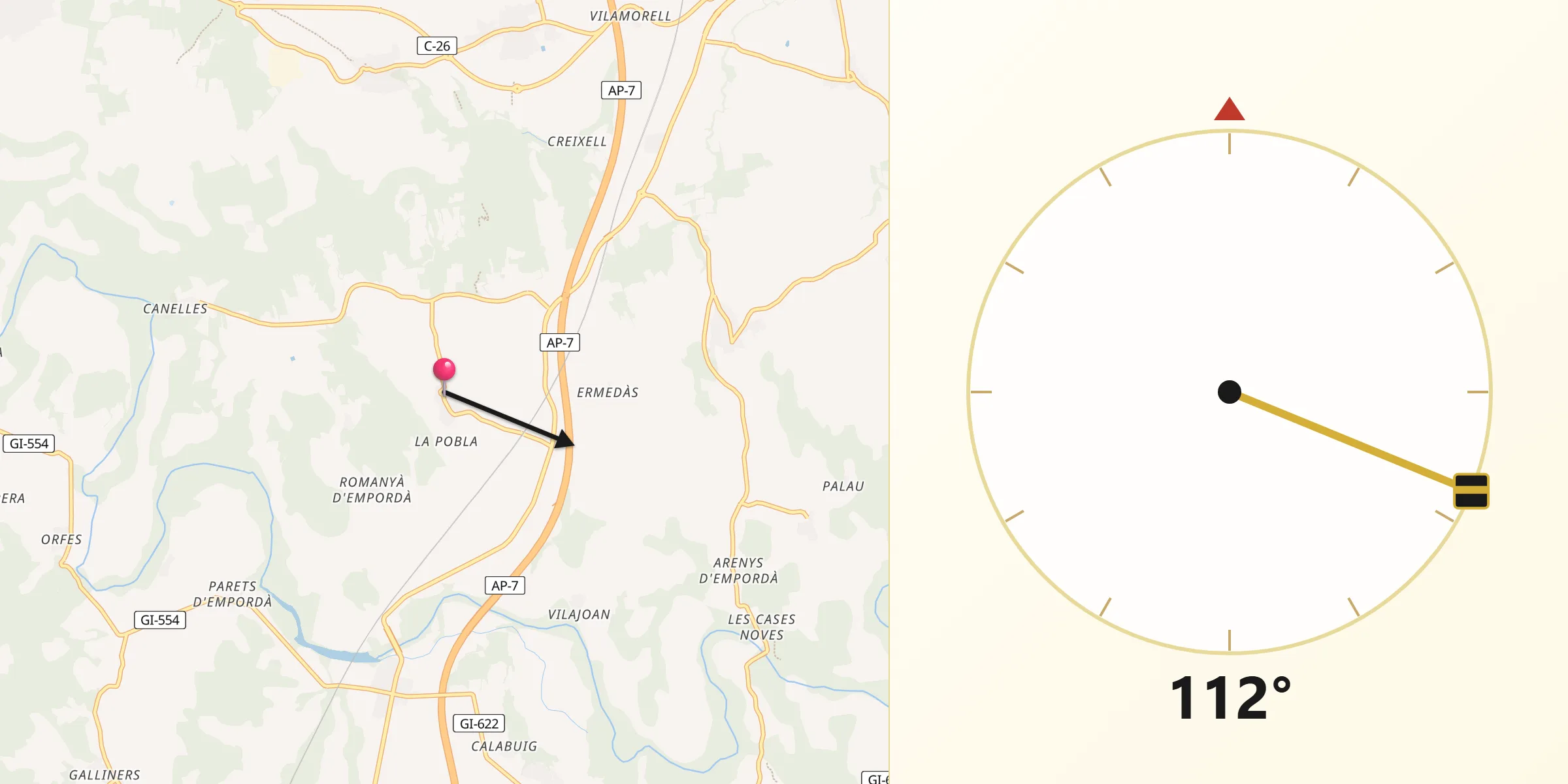 Dirección de la Qibla desde Pontós