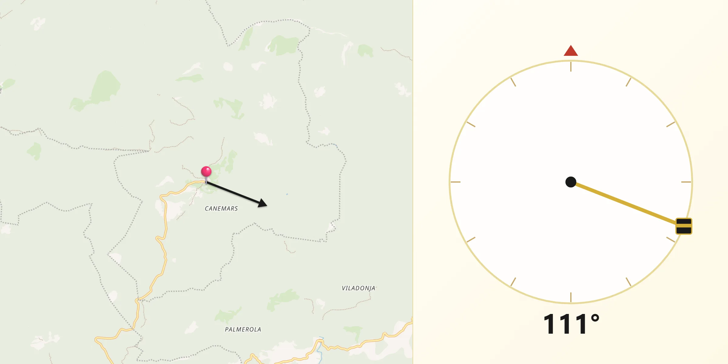 Dirección de la Qibla desde Sant Jaume de Frontanyà