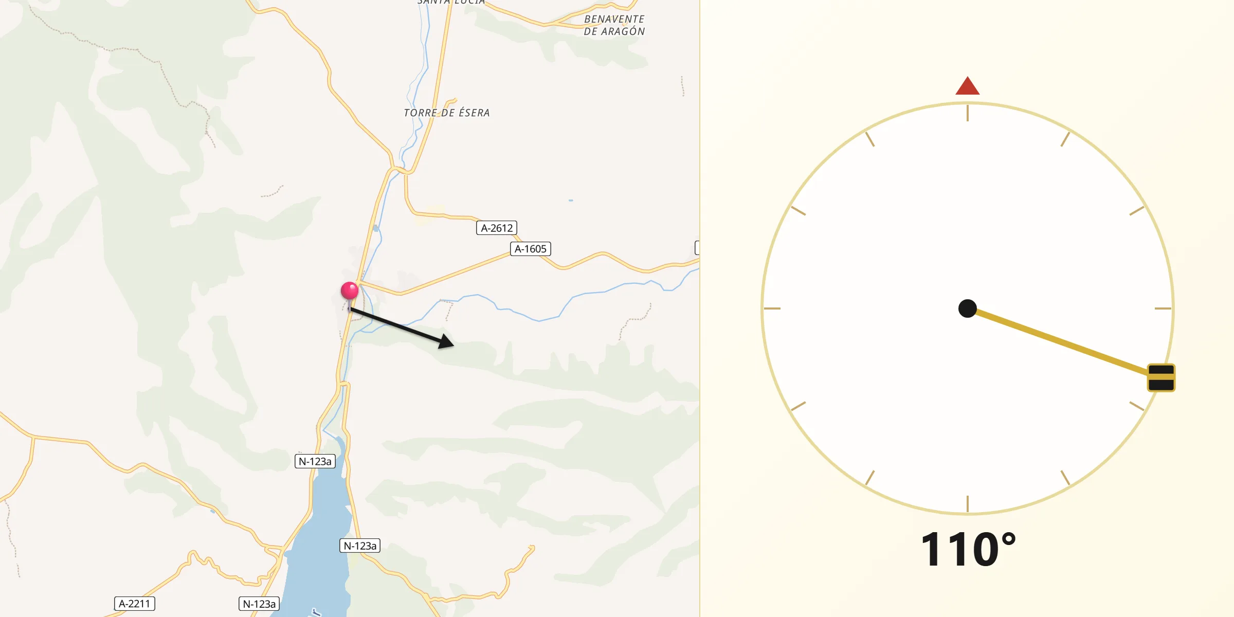 Dirección de la Qibla desde Graus