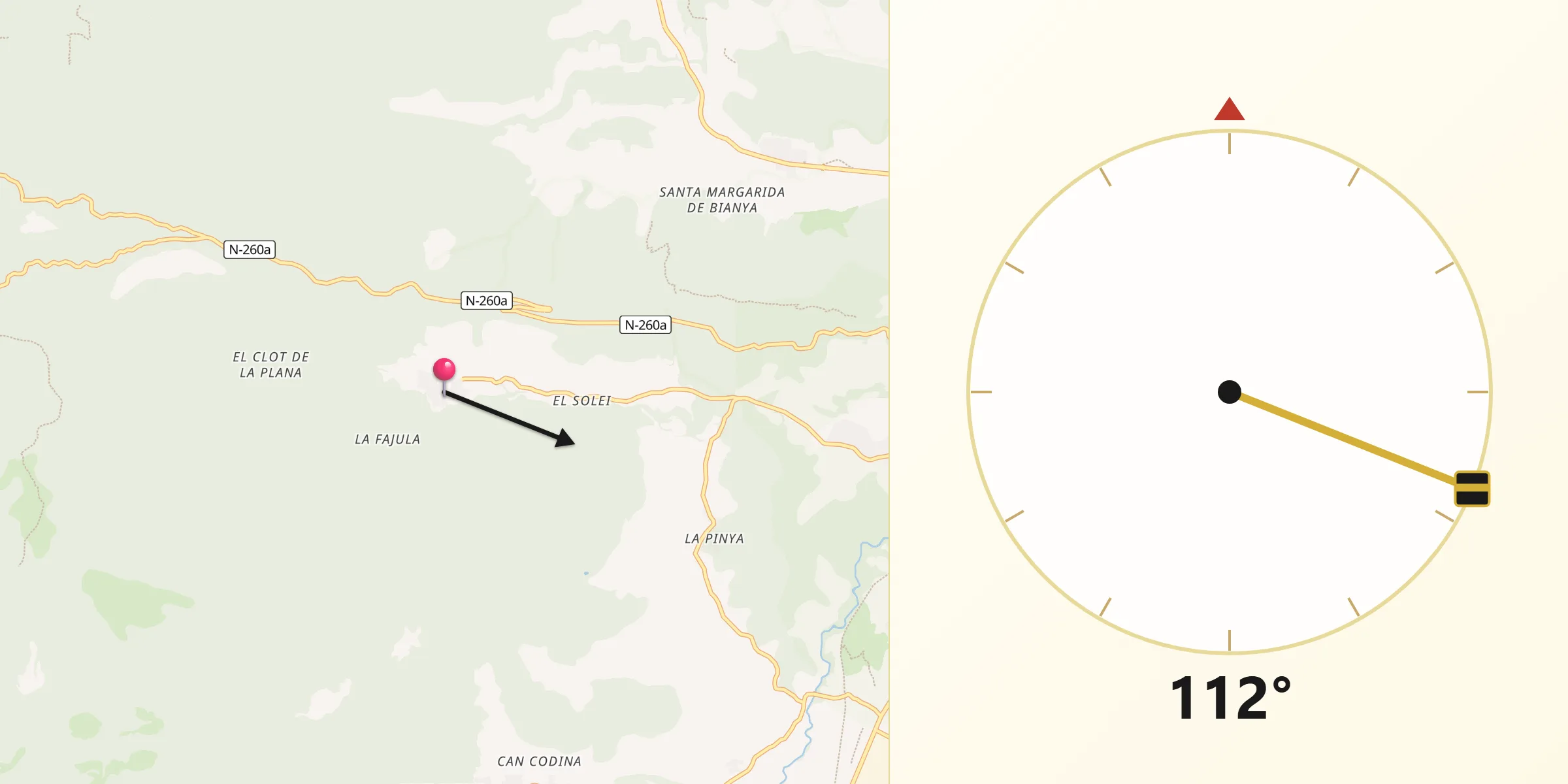 Dirección de la Qibla desde Riudaura