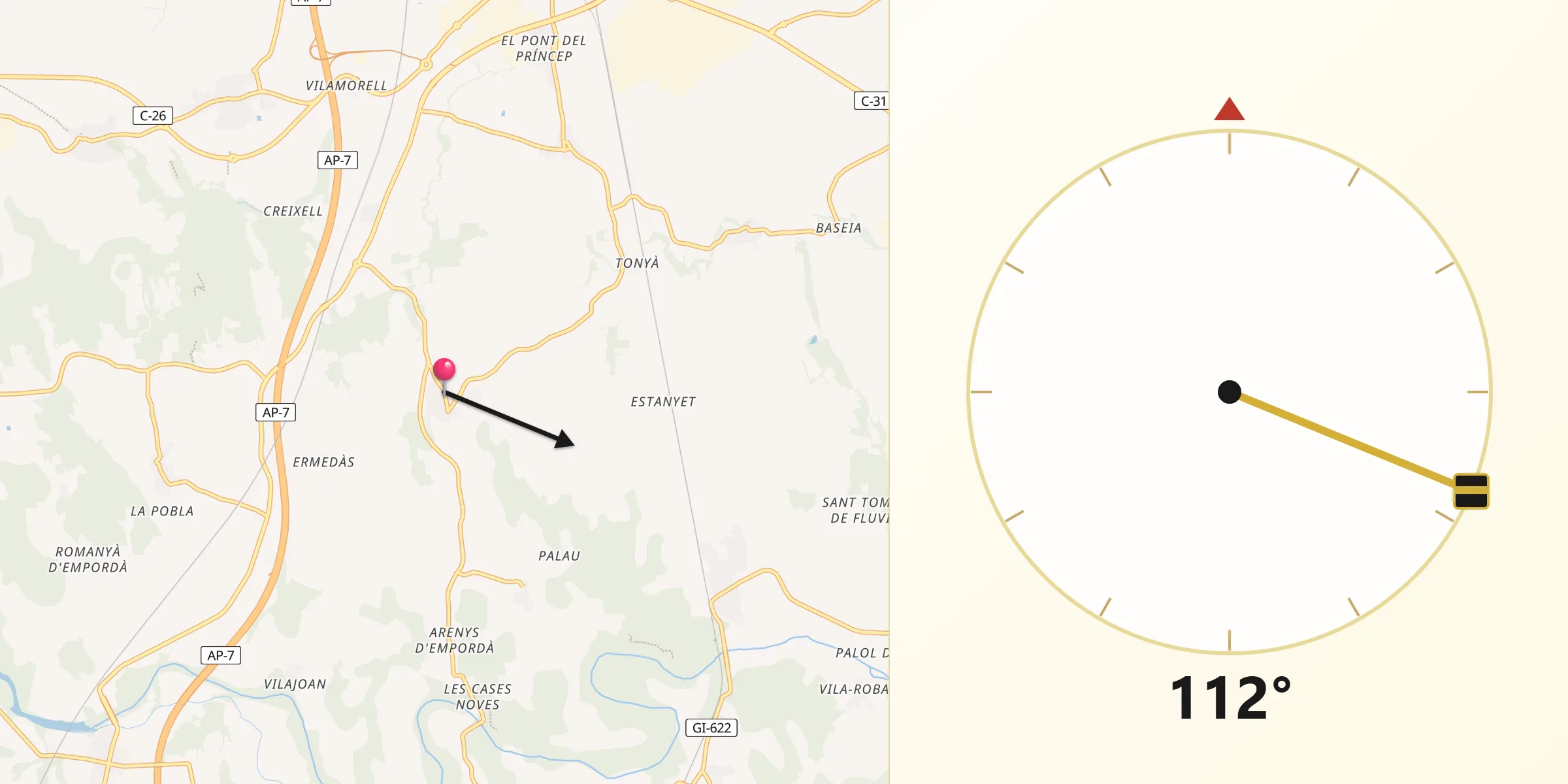 Dirección de la Qibla desde Garrigàs
