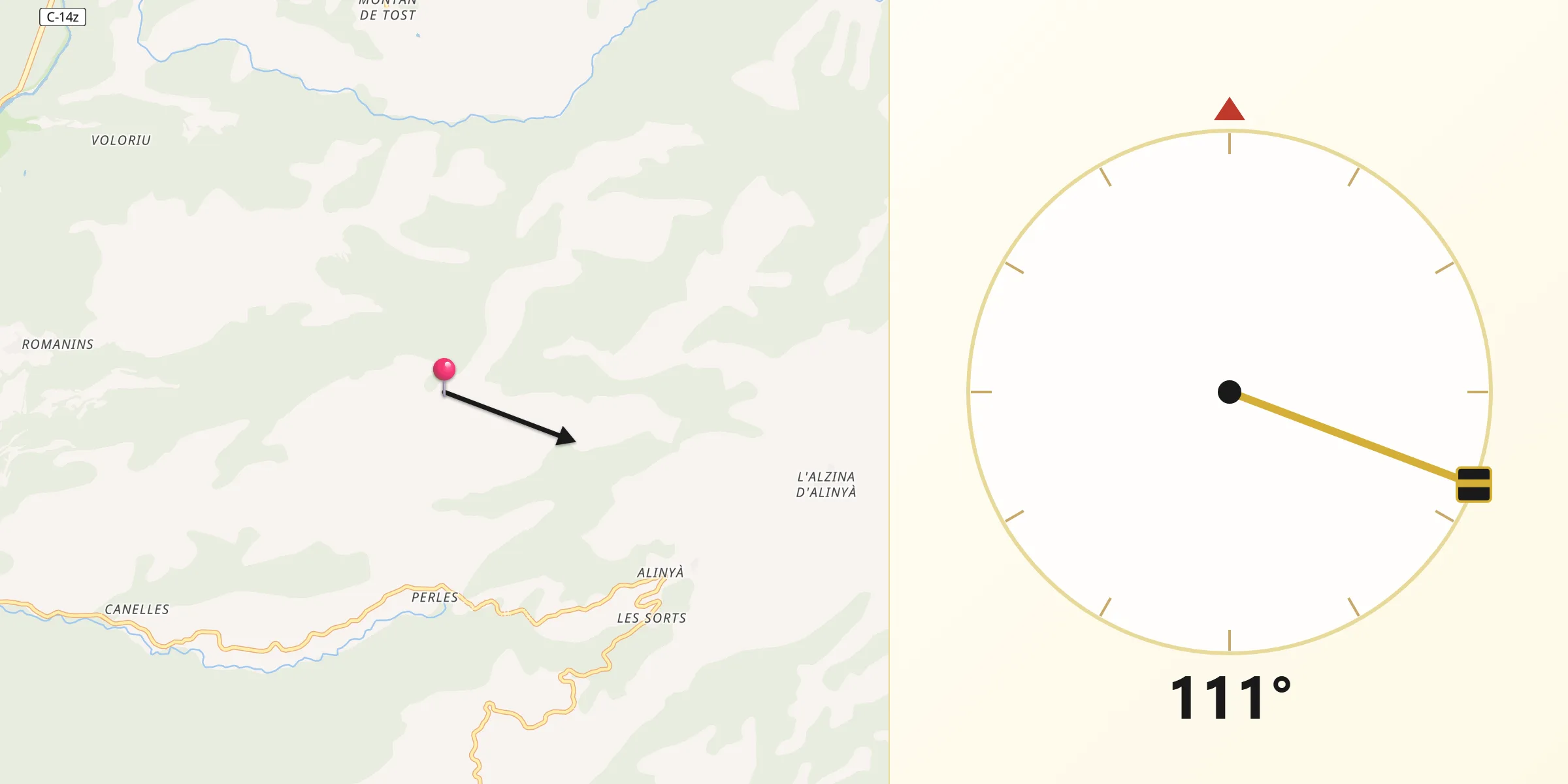 Dirección de la Qibla desde Fígols i Alinyà