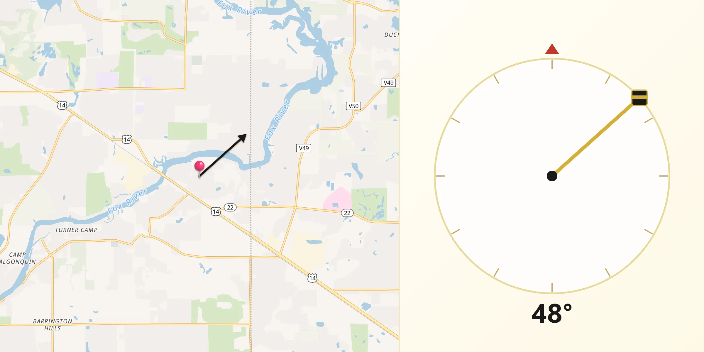 Qibla Direction from Fox River Grove