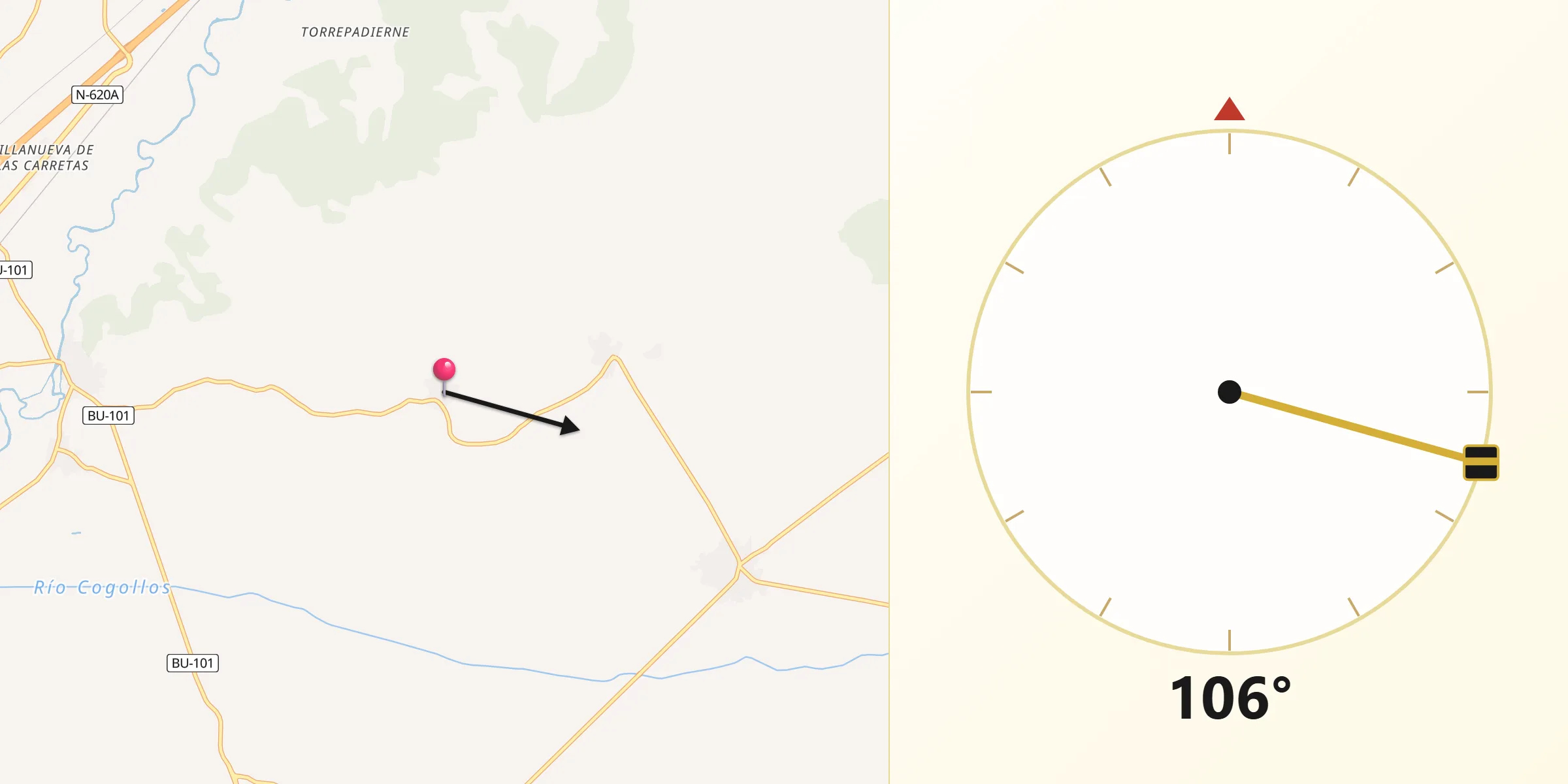Dirección de la Qibla desde Olmillos de Muñó