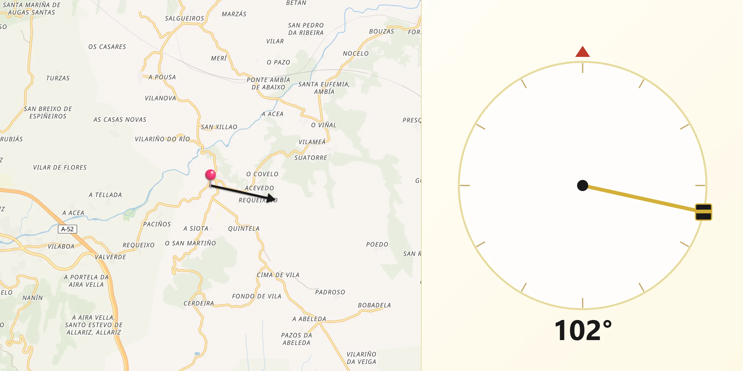 Dirección de la Qibla desde Xunqueira de Ambía