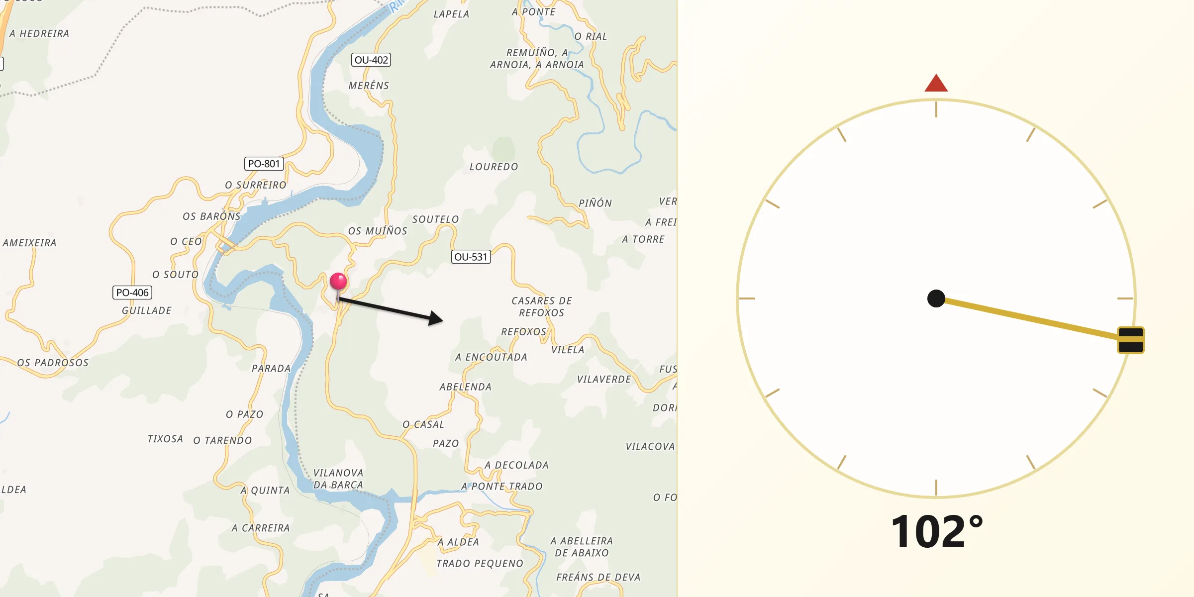 Dirección de la Qibla desde Cortegada