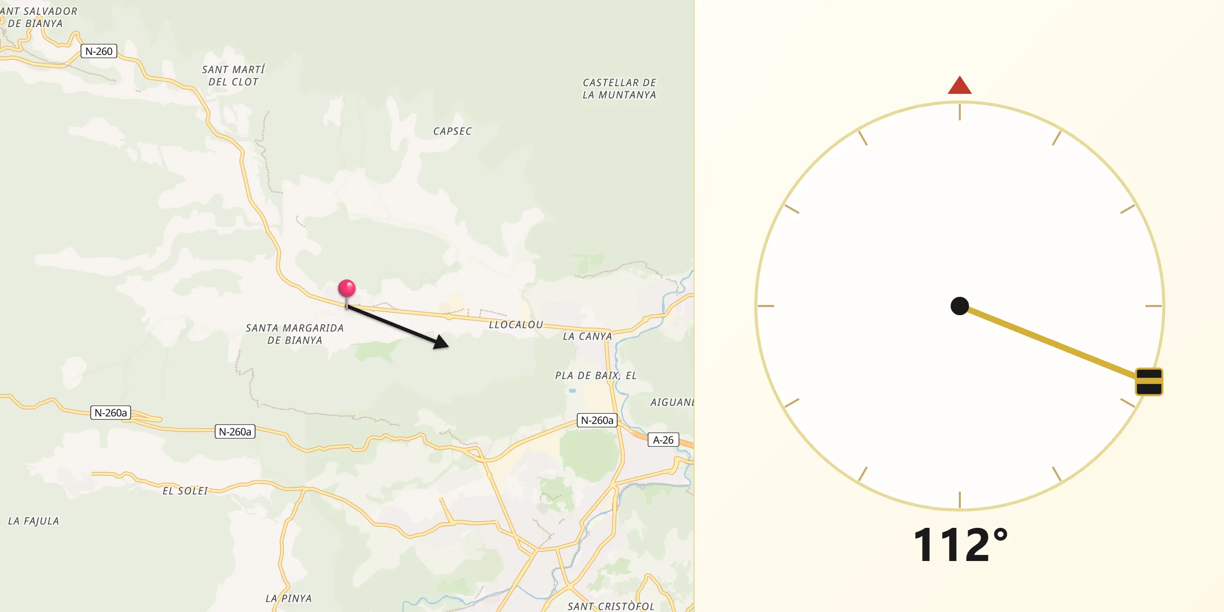 Dirección de la Qibla desde La Vall de Bianya