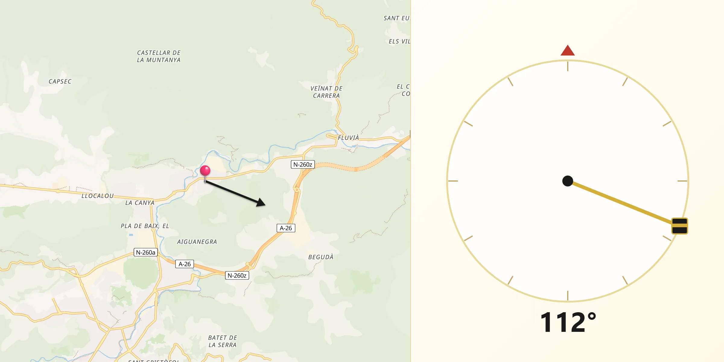 Dirección de la Qibla desde Sant Joan les Fonts