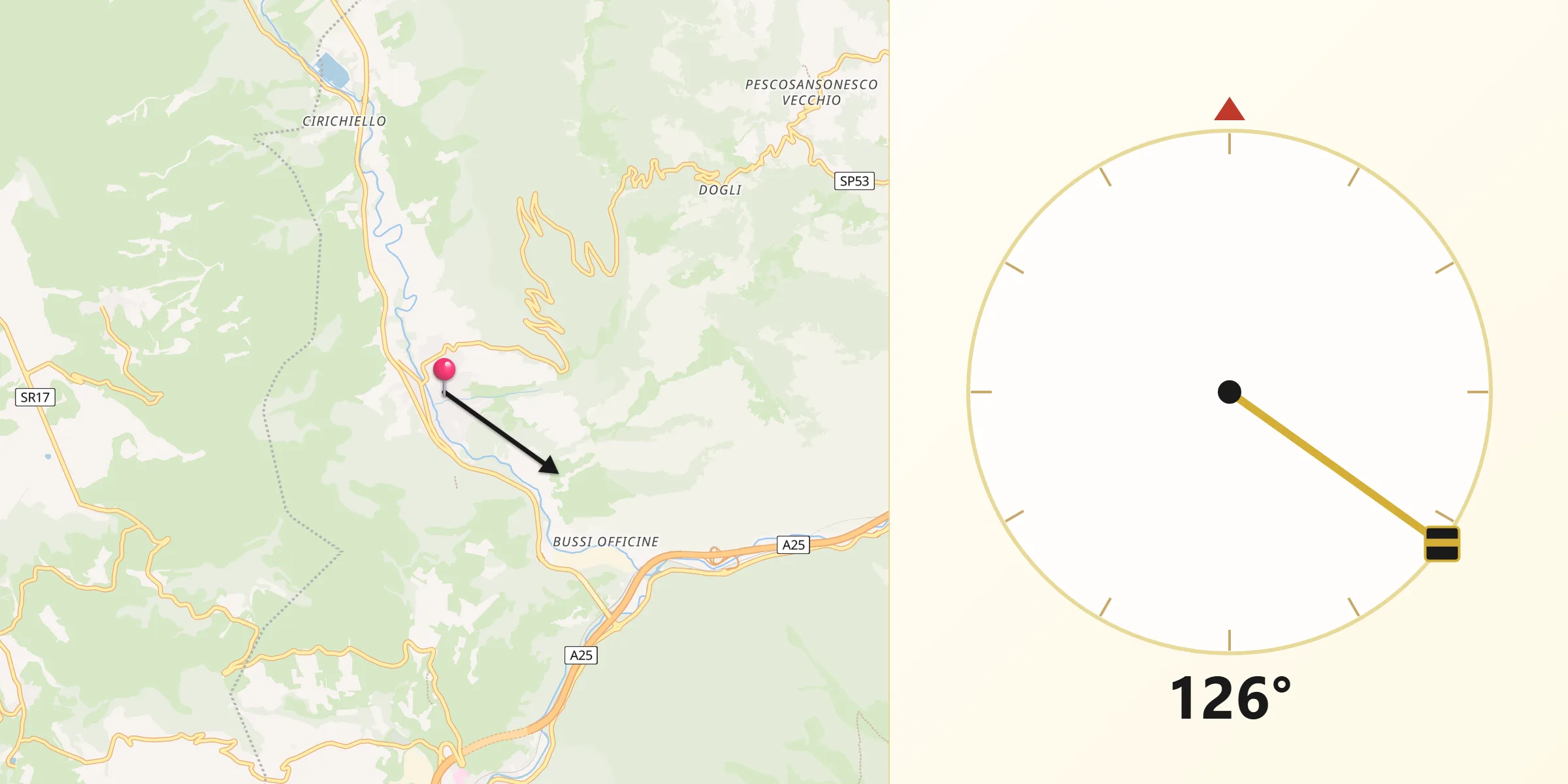 Direzione della Qibla da Bussi sul Tirino