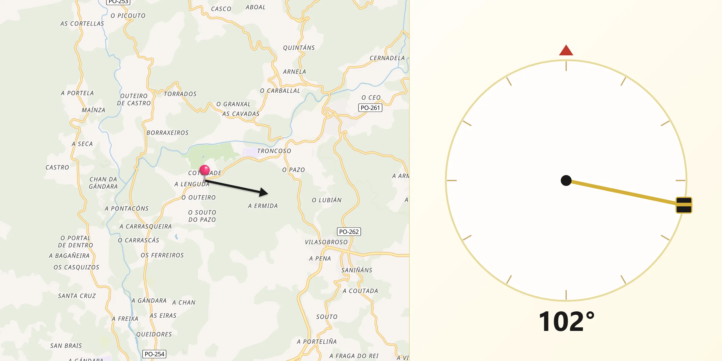 Dirección de la Qibla desde Cotobade