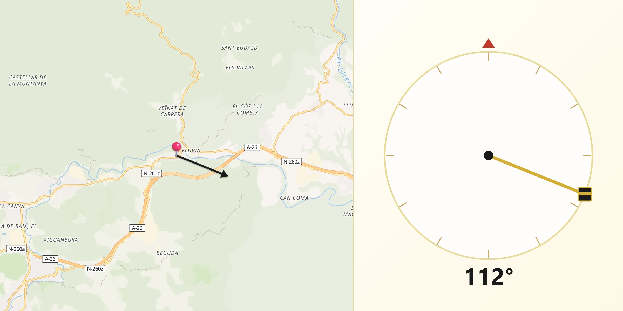 Dirección de la Qibla desde Castellfollit de la Roca