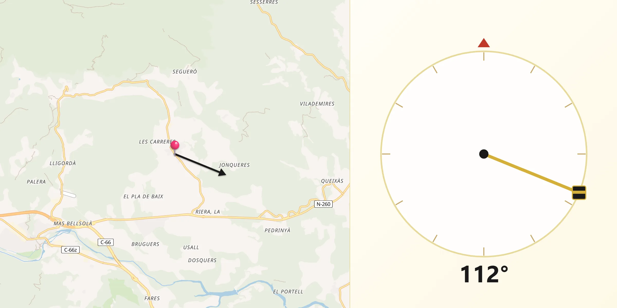 Dirección de la Qibla desde Maià de Montcal