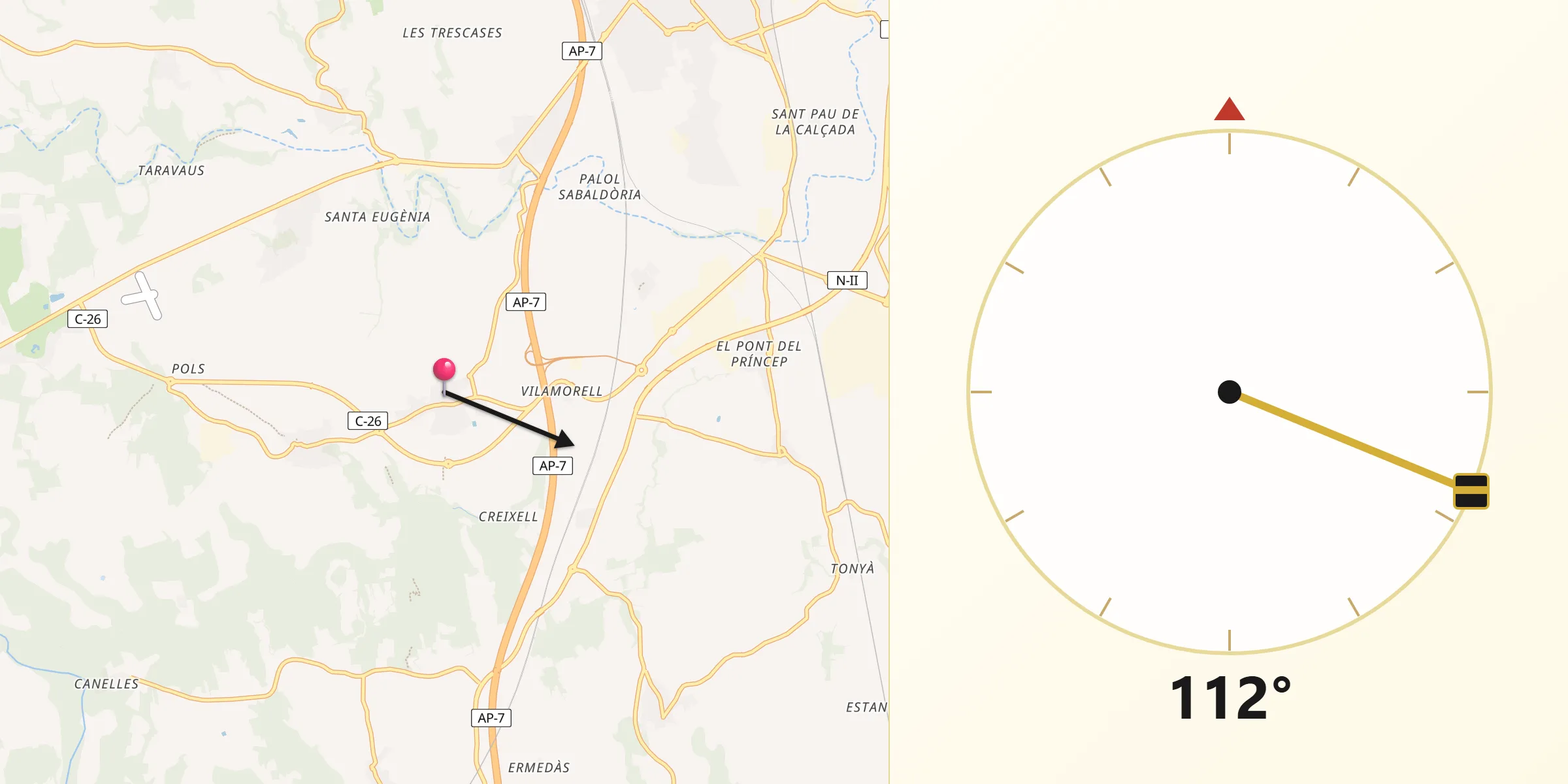 Dirección de la Qibla desde Borrassà