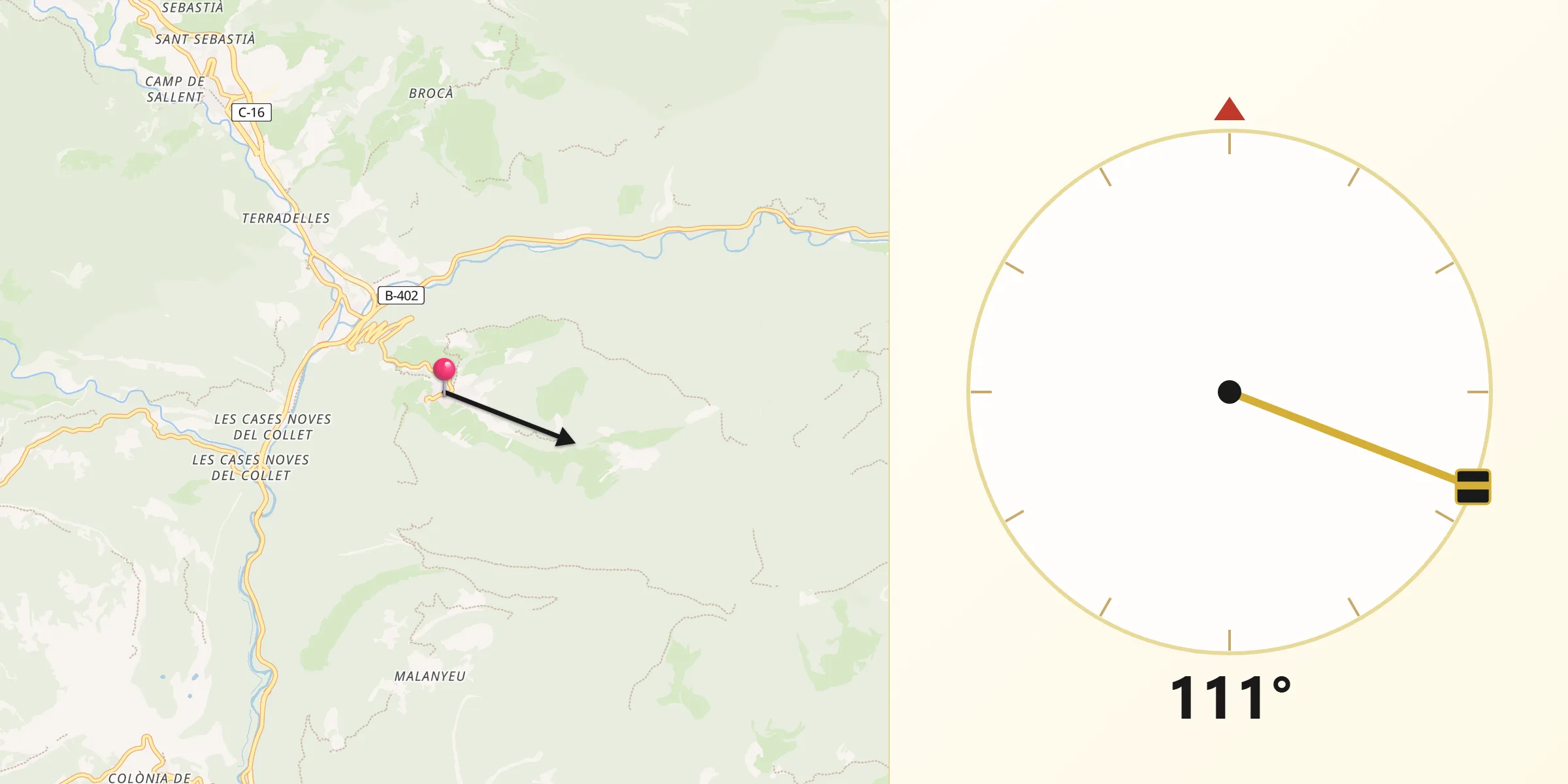 Dirección de la Qibla desde Sant Julià de Cerdanyola