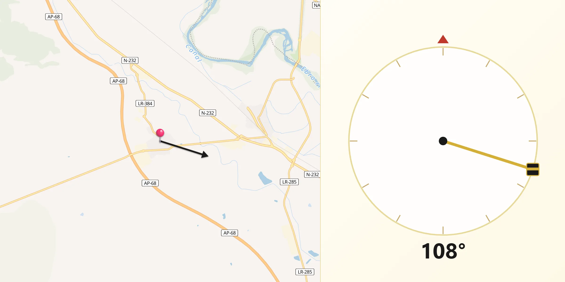 Dirección de la Qibla desde Aldeanueva de Ebro