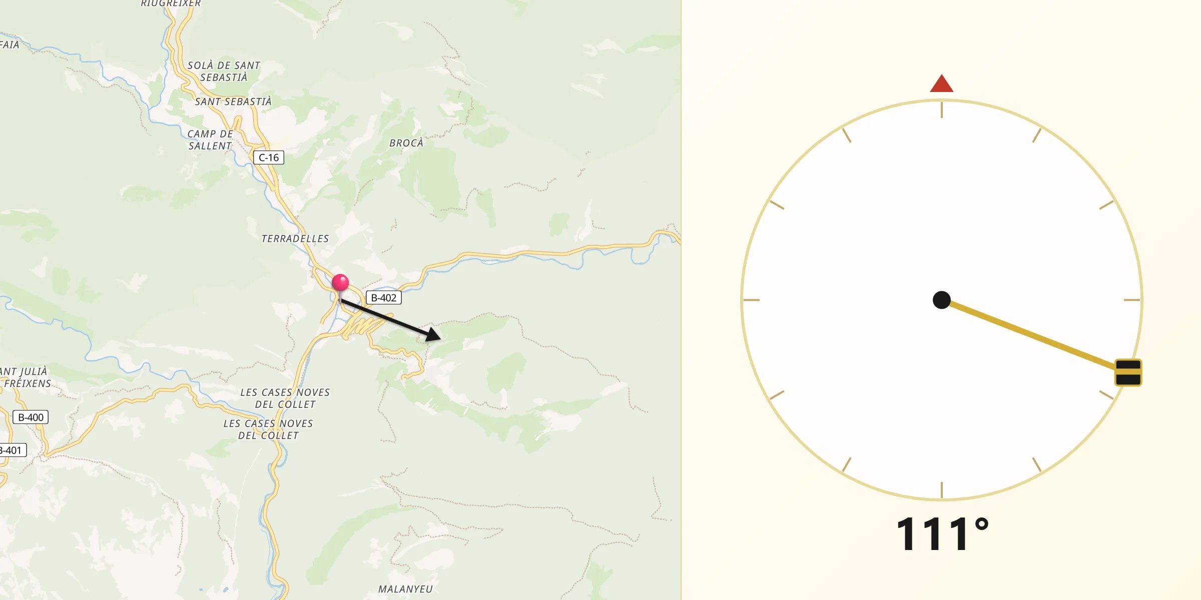 Dirección de la Qibla desde Guardiola de Berguedà