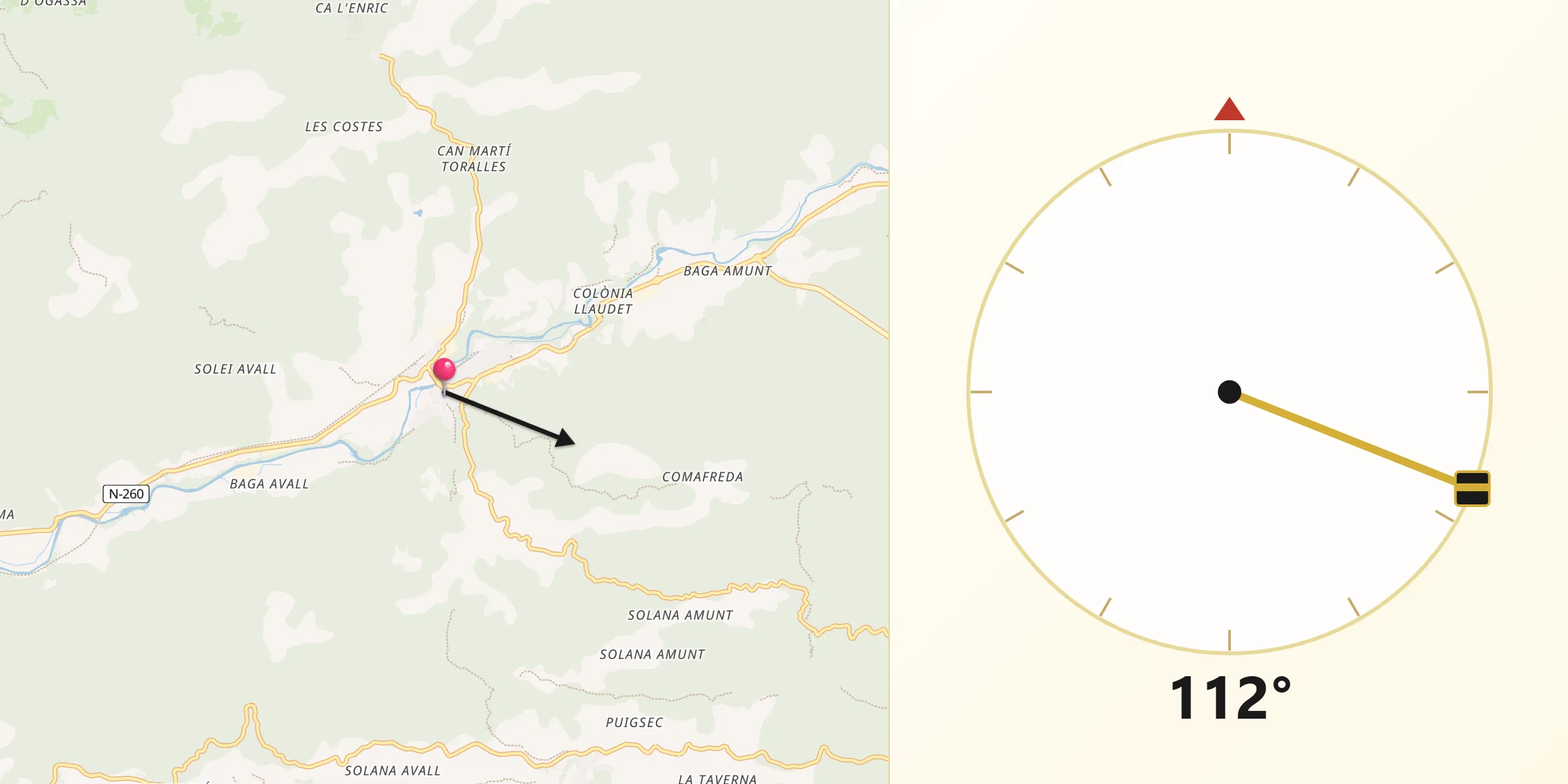 Dirección de la Qibla desde Sant Joan de les Abadesses