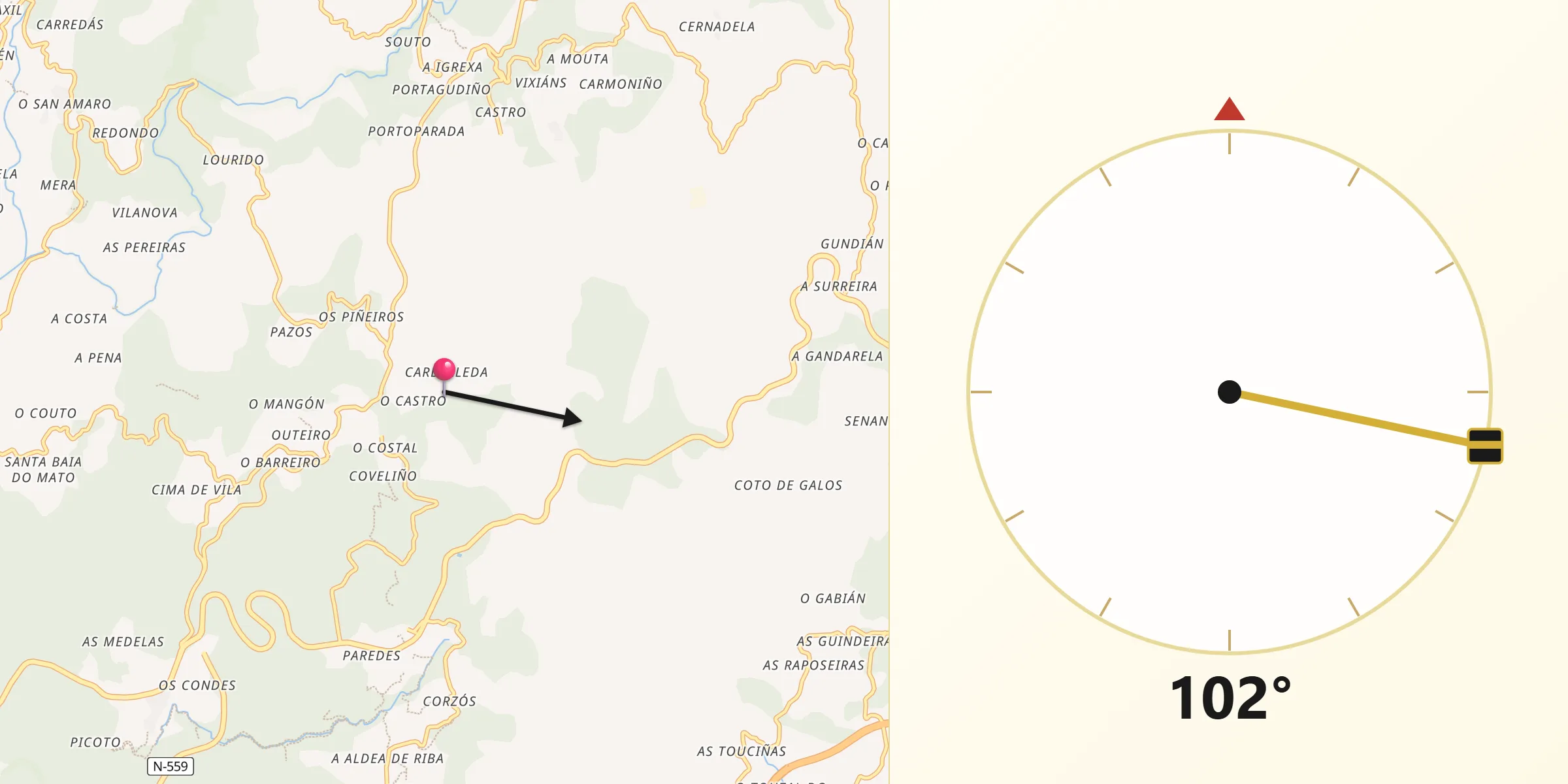 Dirección de la Qibla desde Covelo