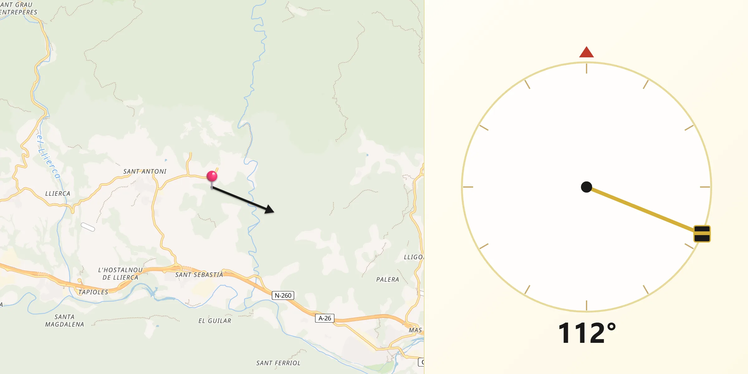 Dirección de la Qibla desde Sales de Llierca